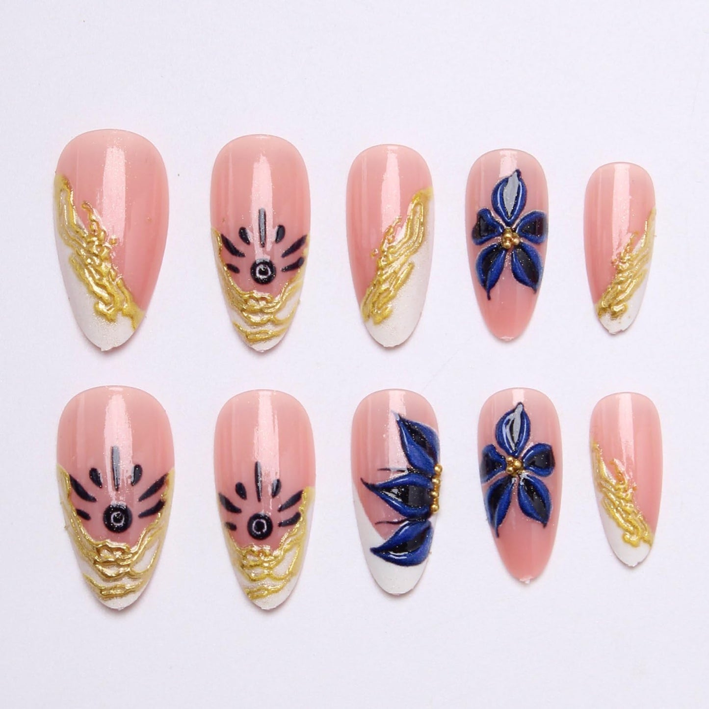 Spring Flowers Press on Nails French Almond Medium Length Fake Nails 3D Blue Camellia Flower with Gold Beads Pattern Design Glue on Nails Spring Summer Full Cover Floral Stick on Nails for Women
