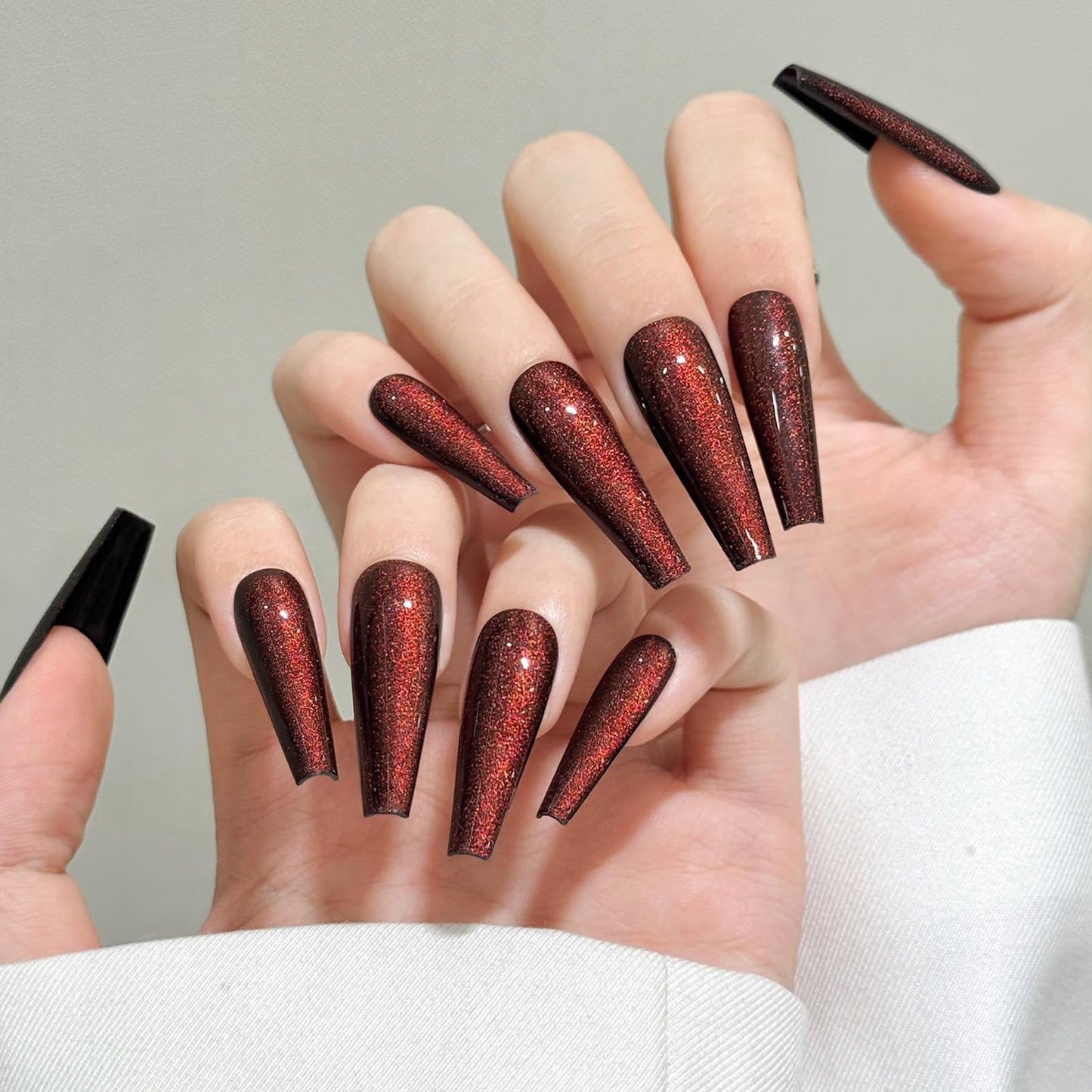 Orange Brown Cat Eyes Press On Nails,12 Sizes-24 Pcs Soft Gel Orange Brown Long Coffin Fake Nails Kit with Nail Glue, Natural Reusable Stick On False Nails for Women and Girls SK1044