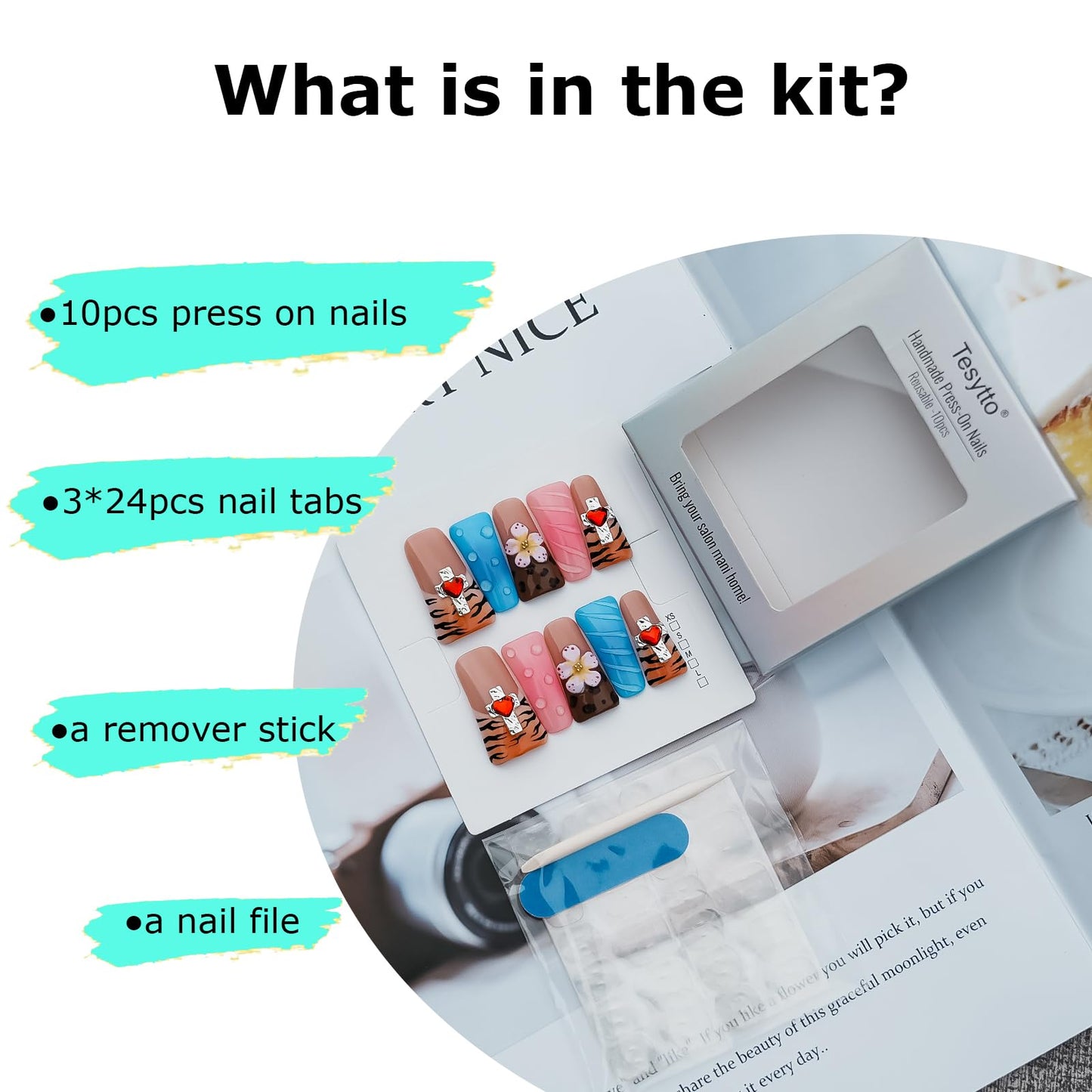 Tesytto Long Duck Press-On Nails Handmade, Colorful Blue Pink Acrylic Fake Nails with 3D Charms, Brown Tiger Stripe & Flower Design, Multi-Layer Full Cover False Nails (Tame the Wild Heart, S)