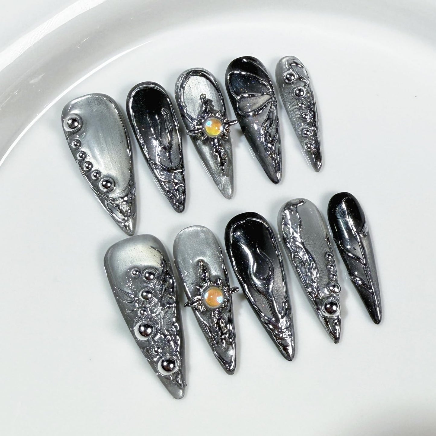 10Pcs Sliver Handmade Press on Nails Long Stiletto Fake Nails Halloween False Nails Muti-Layer Gel Acrylic Nails Press ons Handmade Stiletto Nail Full Cover Holiday Stick on Nail for Women (S)