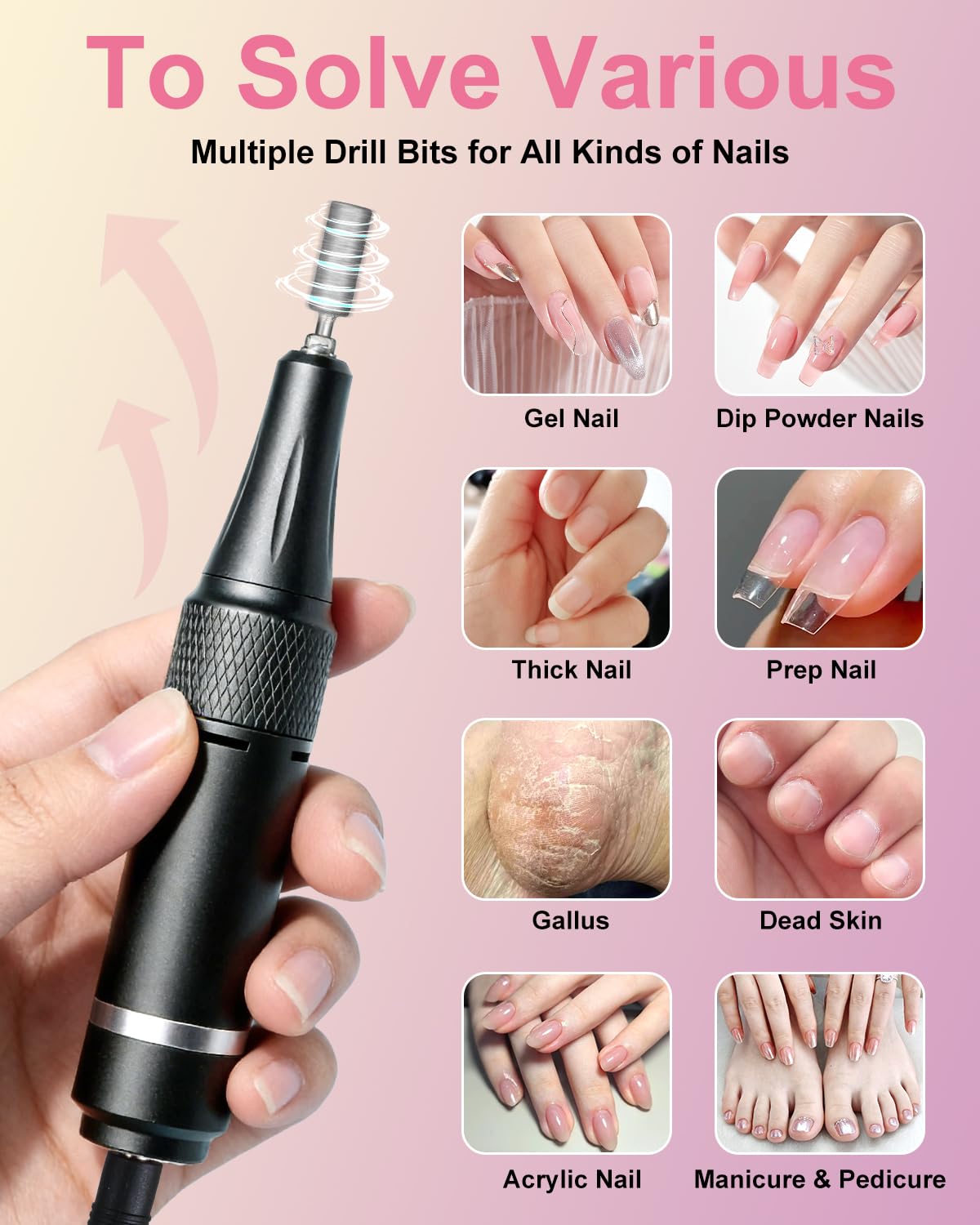 Moskany Professional Electric Nail Drill Kit 35000RPM with 14PCS Bits Pink Portable Rechargeable Cordless File Machine for Acrylic Gel Powder Nails and Manicure Pedicure Toenail Tool Salon Set