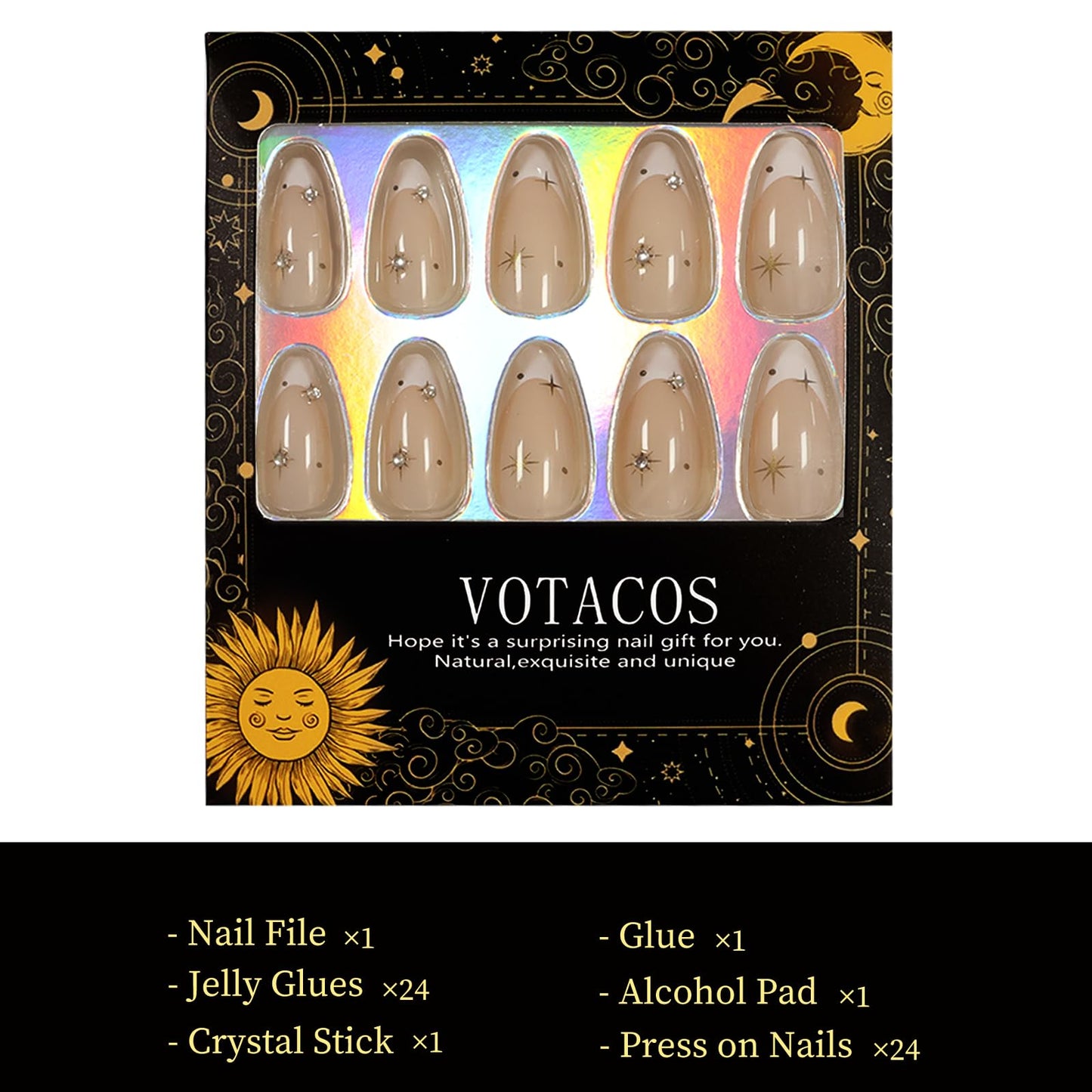 VOTACOS White French Tip Press on Nails Almond Medium Nude Acrylic Fake Nails Press Ons with Designs Golden Star Pot Rhinestone Glue on Nail for Women 24PCS Reusable Artificial Stick on False Nail