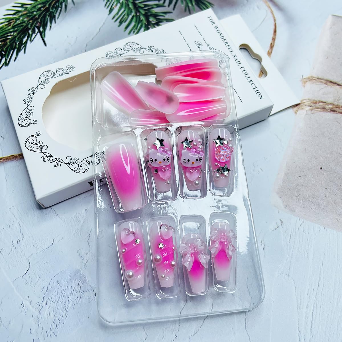 YKLWNN 24Pcs Pink Press on Nails Long Square Fake Nails with Cute Nails Rhinestones Design Acrylic Glue on Nails Full Cover Y2K False Nails Pink Artificial Nails for Women Girls Nail Decoration