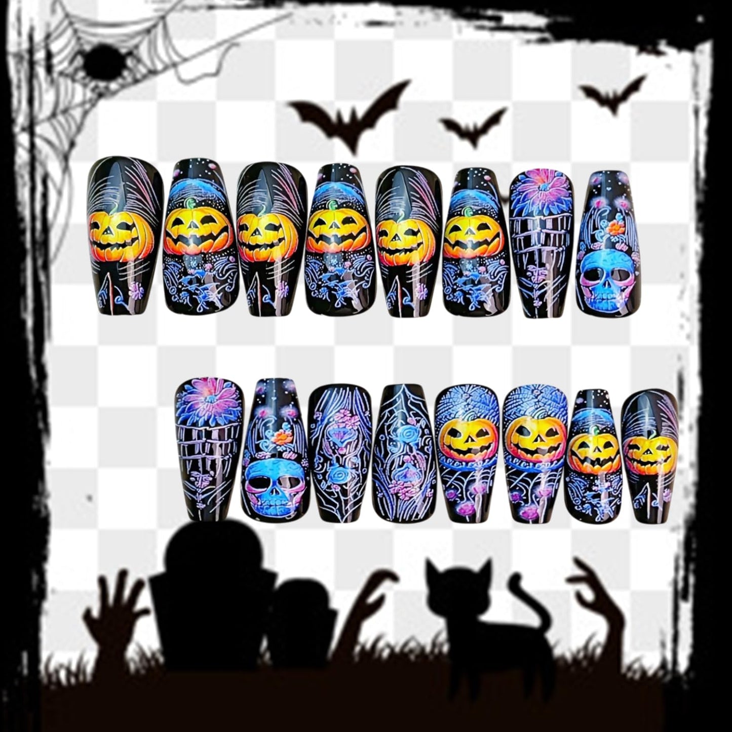 24Pcs Halloween Press on Nails Long Ballet Shaped Horror Skull False Nail Full Cover Artificial Acrylic Fingernails Pumpkin Flower Design Halloween Nail Festival Glue on Nails for Women Supplies