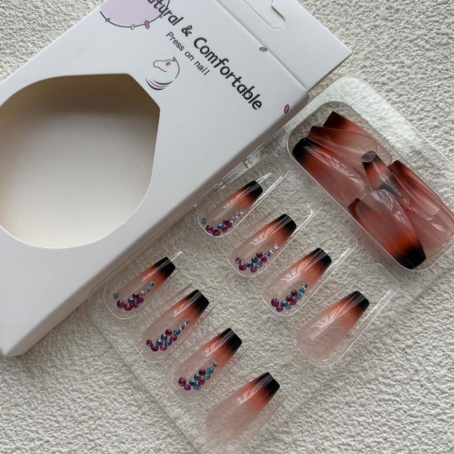 Coffin Press On Nails Medium Fake Nails Gradient With Rhinestone Design Black Ombre False Nails Full Cover Artificial Acrylic Glossy Glue On Nail Stick On Nail For Women Manicure 24pcs