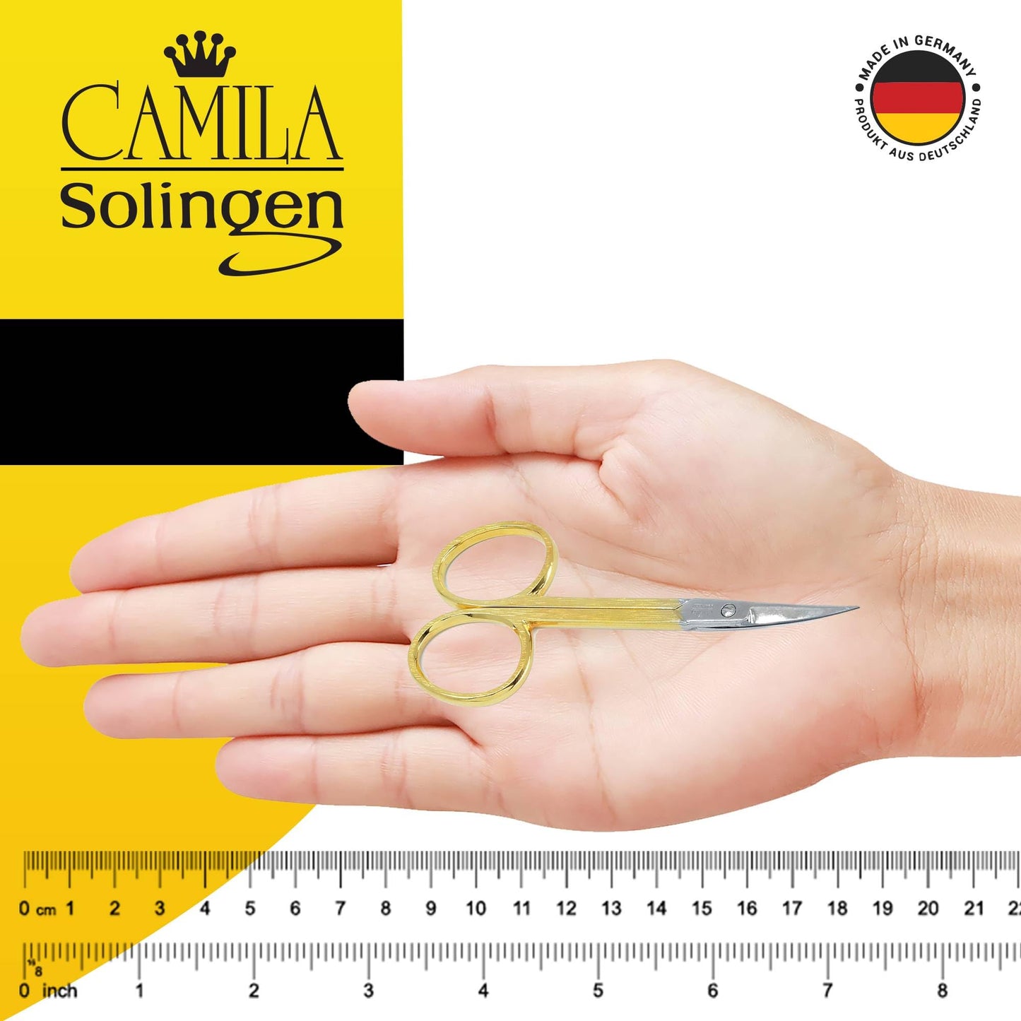 Camila Solingen CS05 Professional Nail Cuticle Scissors, Hypoallergenic Gold Plated Sharp Curved Manicure Pedicure Grooming for Finger and Toe Nail Care. Made of Carbon Steel in Solingen, Germany