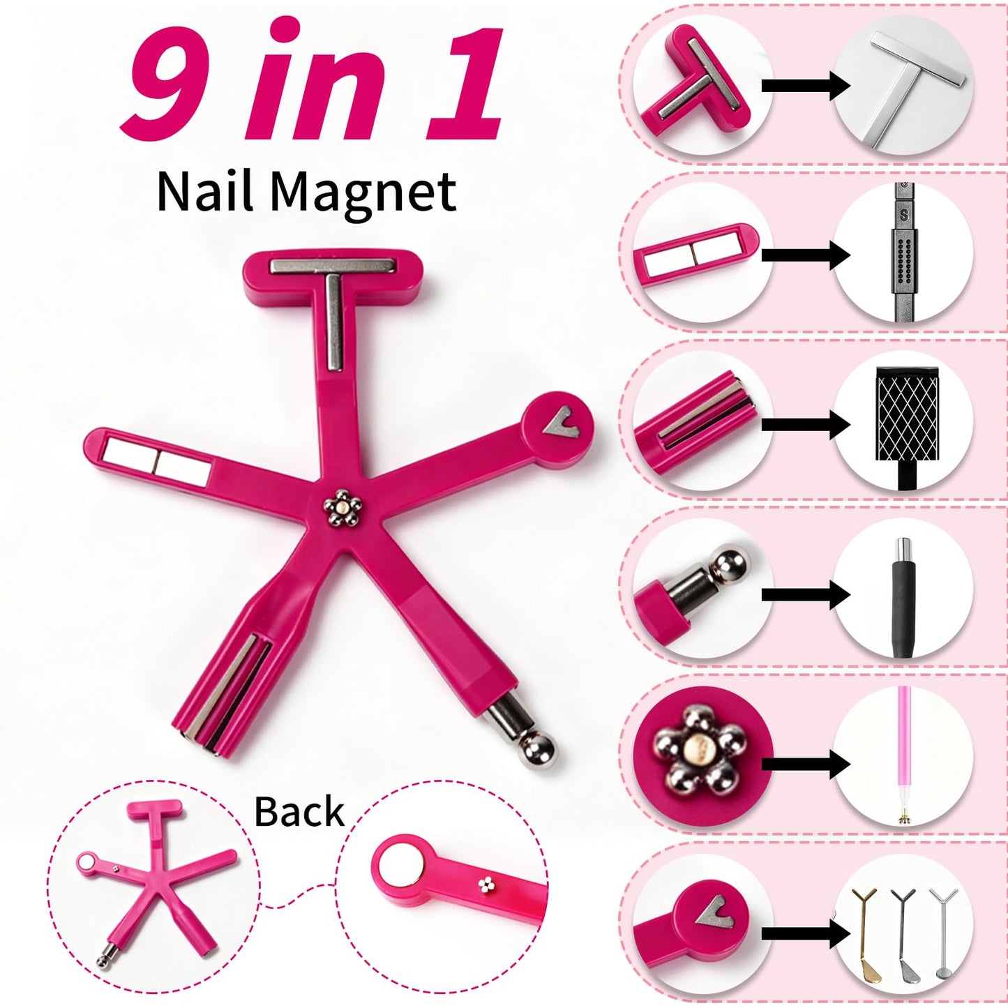 ESUOHYM Cat Eye Magnet Set 9 In 1 Nail Magnets with Magnetic Ball for Cateye Gel Nail Polish, Heart Flower French Four Leaf Clover Multifunction Cat Eye Nail Effects Tools for Beginners DIY Salon