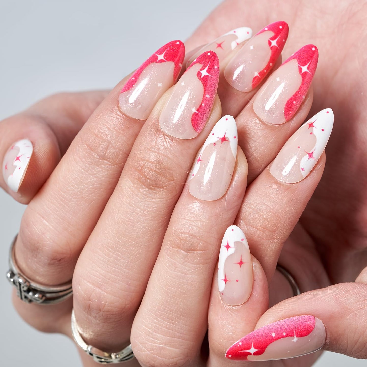 GLAMERMAID Nude Pink Press on Nails Medium Almond, Black White French Tip Stiletto Stick on Fake Nails for Women Gift, Nude Press on Nails Medium Almond， Glitter Star Short Oval Glue on Nails Gel