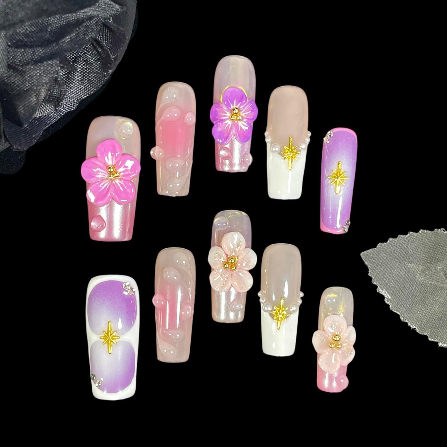 Handmade Press On Nails Medium/Long Square Pink 3D Sakura Design - Reusable French Acrylic Fake Nails with Gold Stars & Pearls, Luxury Cherry Blossom False Nails (Sakura, L)