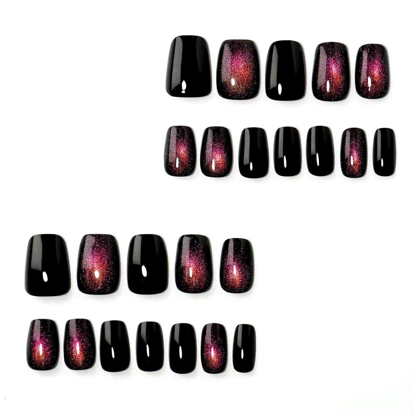 HOSAILY Cat Eye Press on Nails Short, Pink Purple Galaxy Square Fake Nail with Magnetic Shimmer Design, 24pcs Glossy Handmade Gel Glue on Nails Coffin, Salon Quality Stick on Nails Press Ons for Women