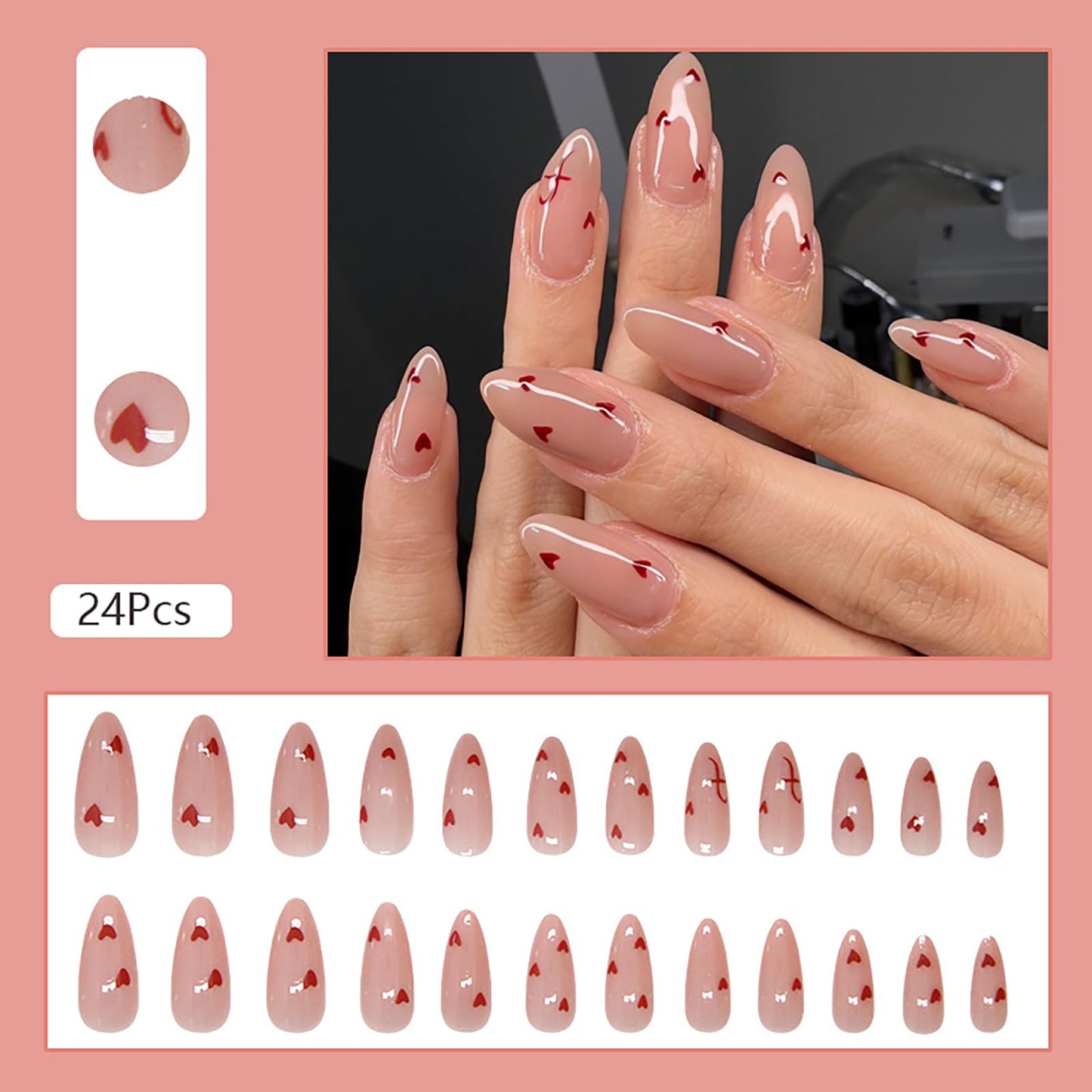 24Pcs Cute Heart Press on Nails Short Medium Valentines Fake Nails with Glue Nude Pink False Nails Almond Nails Press ons Reusable Stick on Nail Valentines Heart Glue on Nail for Women Girls