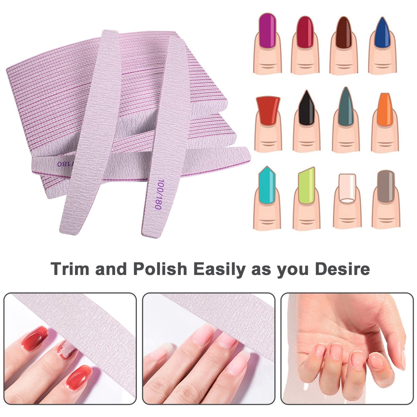 Nail Files (50 Pcs), 100/180 Grit Nail File Emery Board Bulk for Acrylic Nails and Natural Nails, Limas para Unas Acrilicas Profesional Pack Filers for Gel Nail Double Sided Manicure Curved Gray