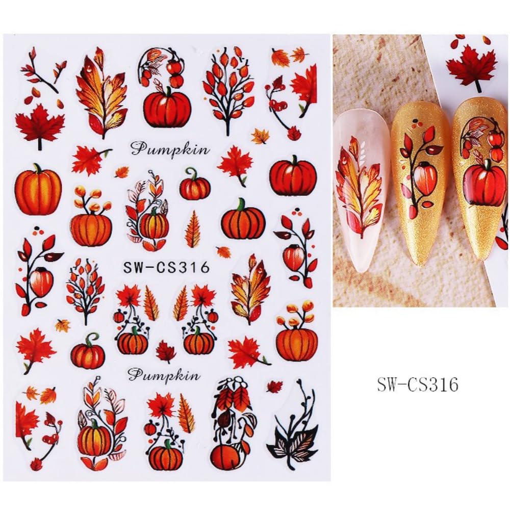 Fall Nail Stickers Pumpkin Maple Leaves Nail Art Stickers 3D Self Adhesive Orange Yellow Leaf Nail Art Supplies Autumn Nail Design Flower Nail Decals for Women 6 Sheets