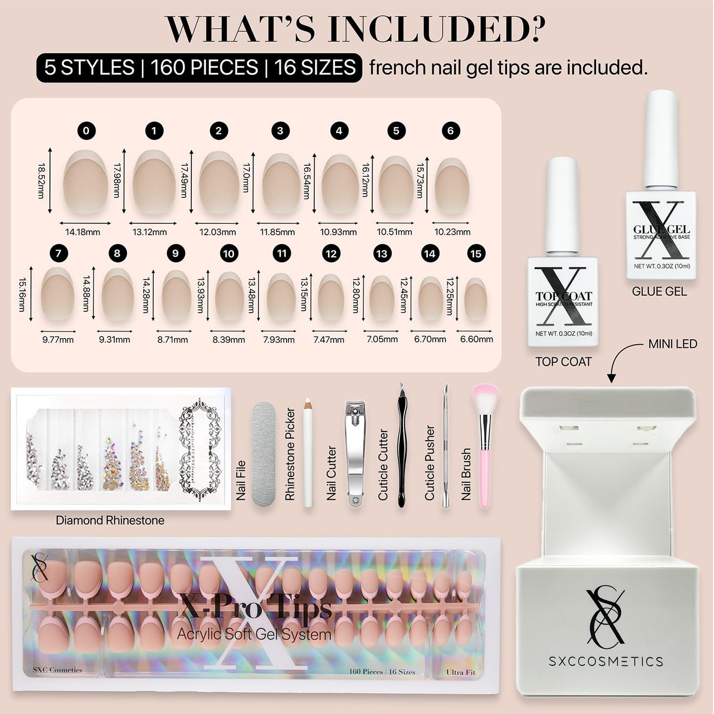 SXC Cosmetics French Tip Press On Nails - Skin Tone Nude and Color Series, XS Almond X-Pro Tips Starter Kit ST118KIT