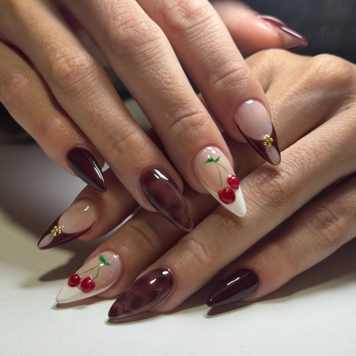 Medium Almond Press on Nails for Women,Cherry & Glitter Gradient,Fake Nails Artificial Stick on Nails Full Set