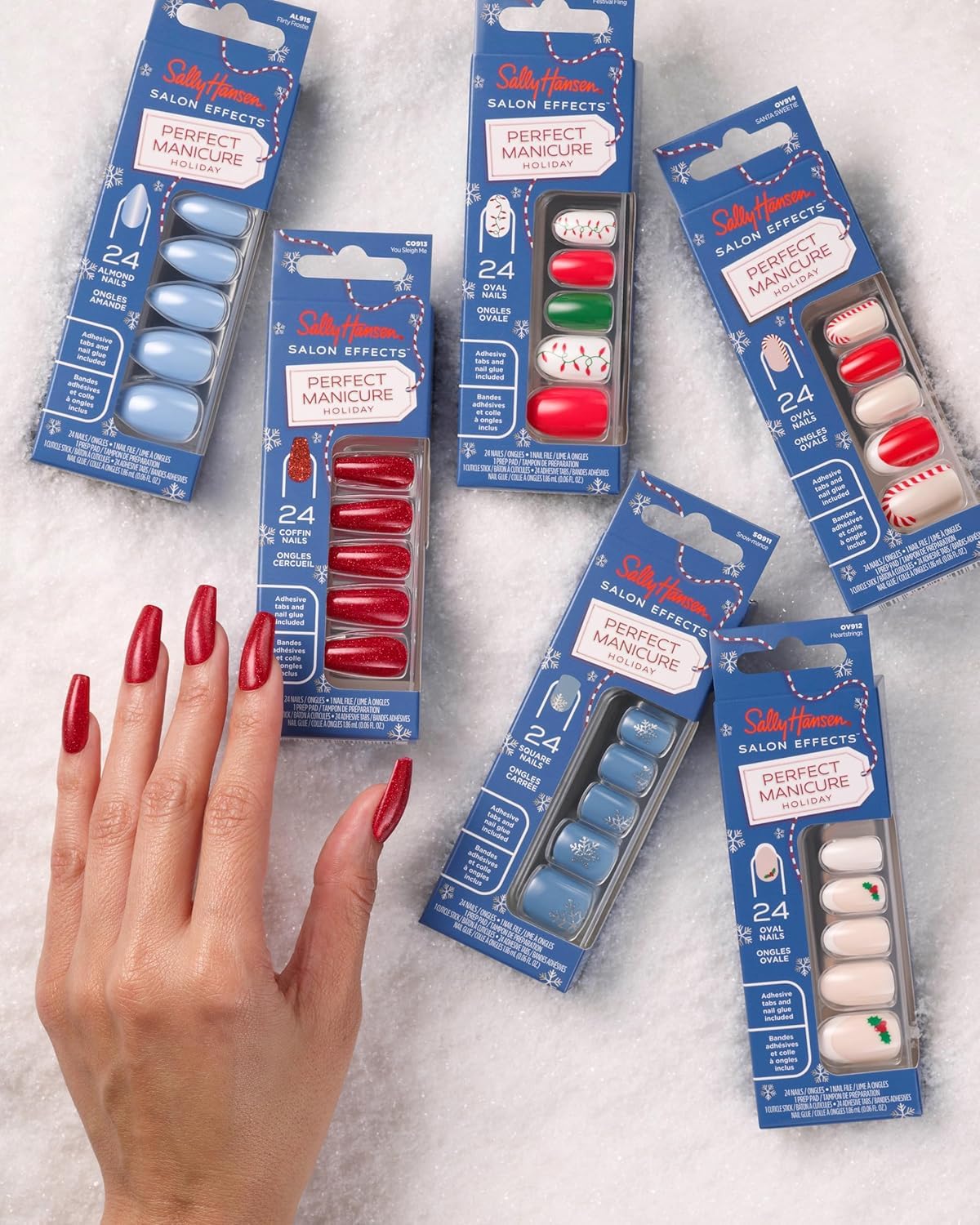 Sally Hansen Salon Effects Perfect Manicure Press-On Nails | Easy to Apply, Non-Damaging | 24 Nails, Adhesive Tabs, File & Alcohol Pad Included | Holiday - Snow-mance (Pack of 2)