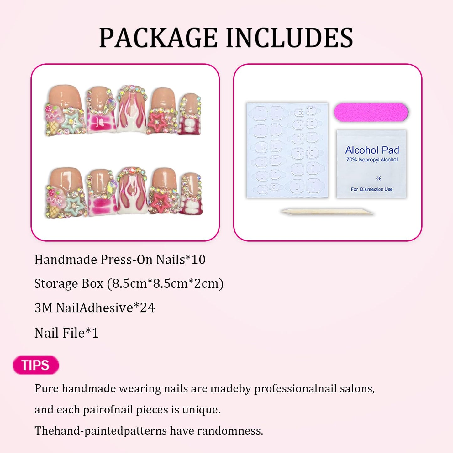 Handmade Press on Nails Short Duck 3D Rhinestones French Tip Thick Acrylic Fake Nails Pink False Nails with Cute Stars Ice Cream Designs Muti-Layer Gel Stick on Nail Art Press on Nail for Women（S)