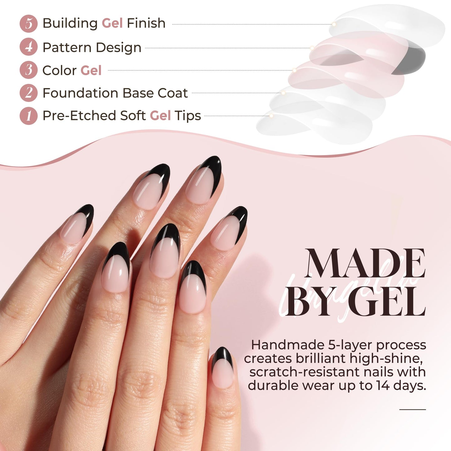 UNA GELLA French Tip Press On Nails Almond: Black Soft Gel Press Ons Short Kit with Nail Tips Glue on Nails, 16 Sizes - 32 Reusable Fake Nails, Black French