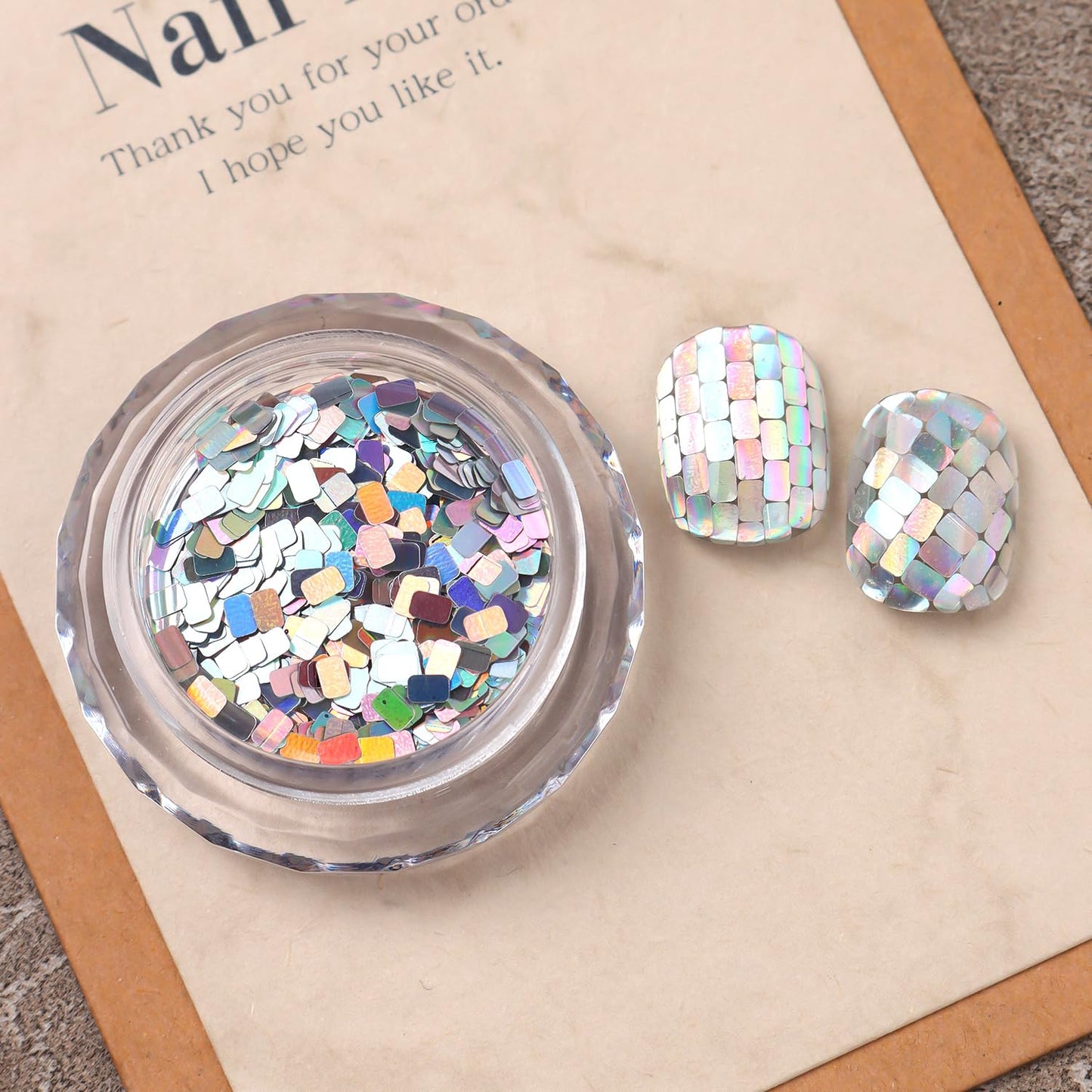 Laser Square Nail Glitter Flakes, Holographic Silver 3D Nail Sequins Rectangle Shape Sparkly Paillettes Acrylic Nail Charms Supplies for Women Girls Manicure Decorations