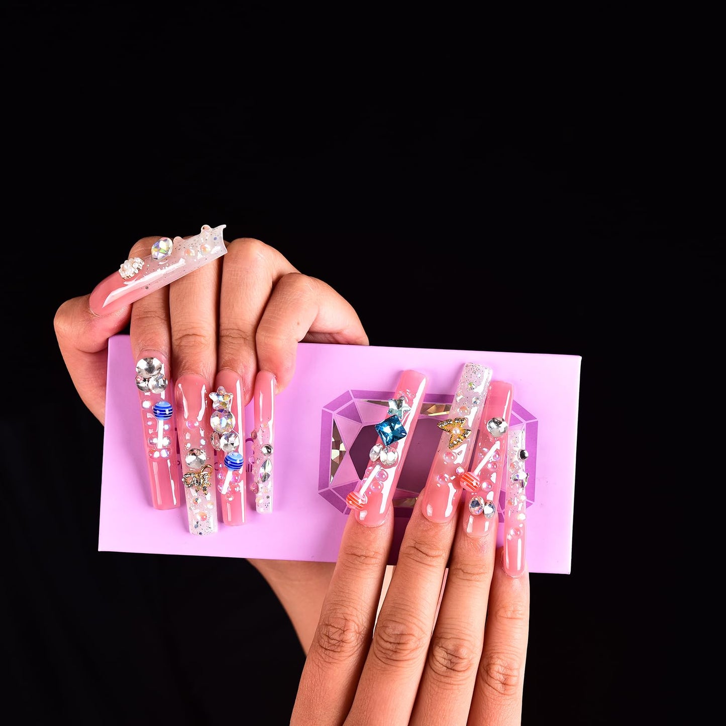Tmani 10pc/set Extra Long Handmade Press On Nail Hot Girl's Long Ballet Nails Square Nail Full of Diamond Glitter Decoration Fake Nails Suitable For Girls Festival Parties and Birthday Gift (275,M)