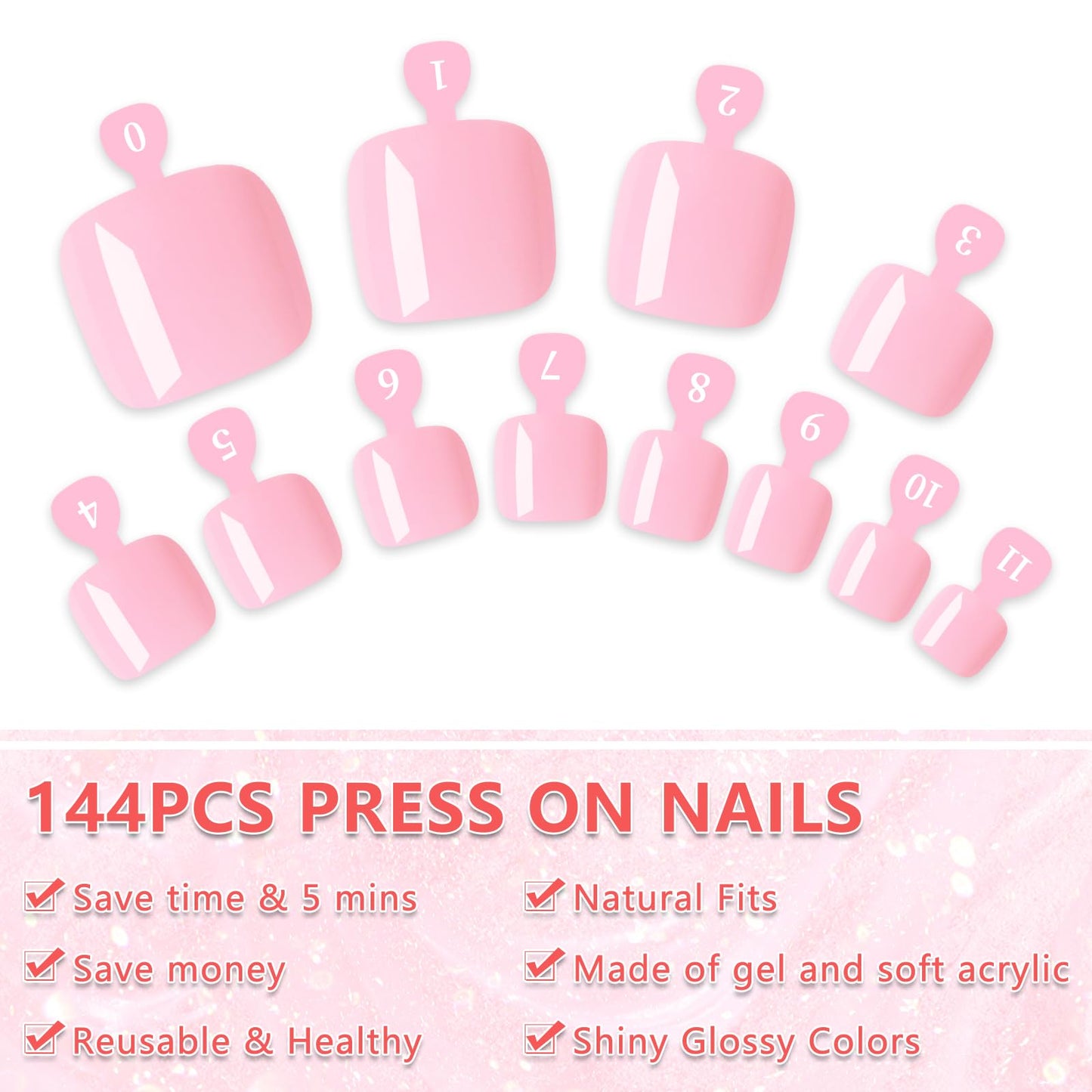 EternalClassic 144pc Press on Toenails for Women Toe Nail Press ons Short Square with Glue&Jelly Glue, Pink Fake Toe Nails Glue on Toe Nails, Full Cover Acrylic Artificial Toe Press on Nails