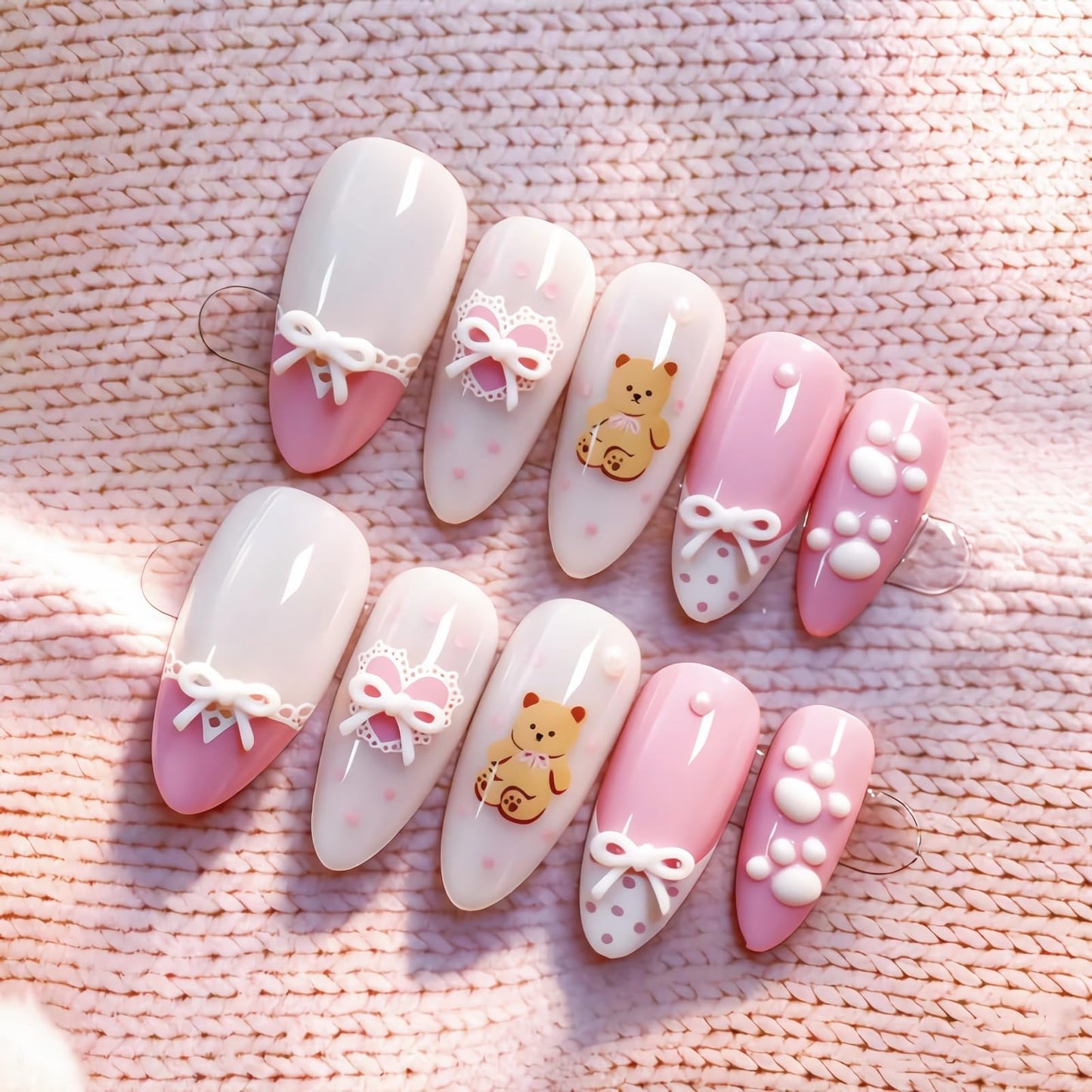 BABALAL Kawaii Bear Press On Nails, Almond Fake Nails with 3D Bow & Paw Print, Pink French Acrylic Full Cover Stick On Nails for Women 24Pcs