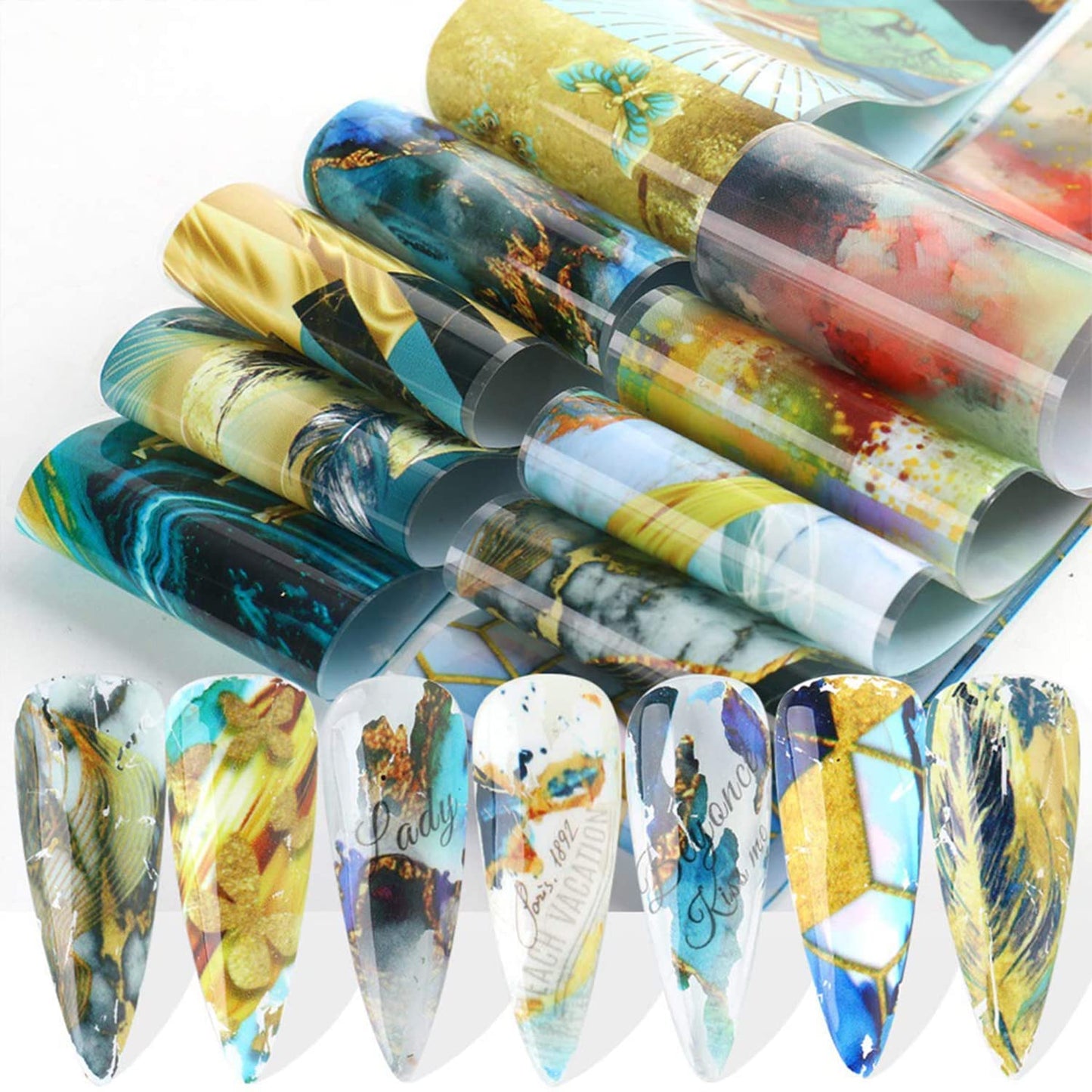 Nail Foil Transfer, DANNEASY 20 Roll Iridescent Marble Nail Foils Starry Sky Nail Stickers Holographic Nail Art Foil Transfer Rainbow Nail Design Stickers Nail Decals for Women Kids