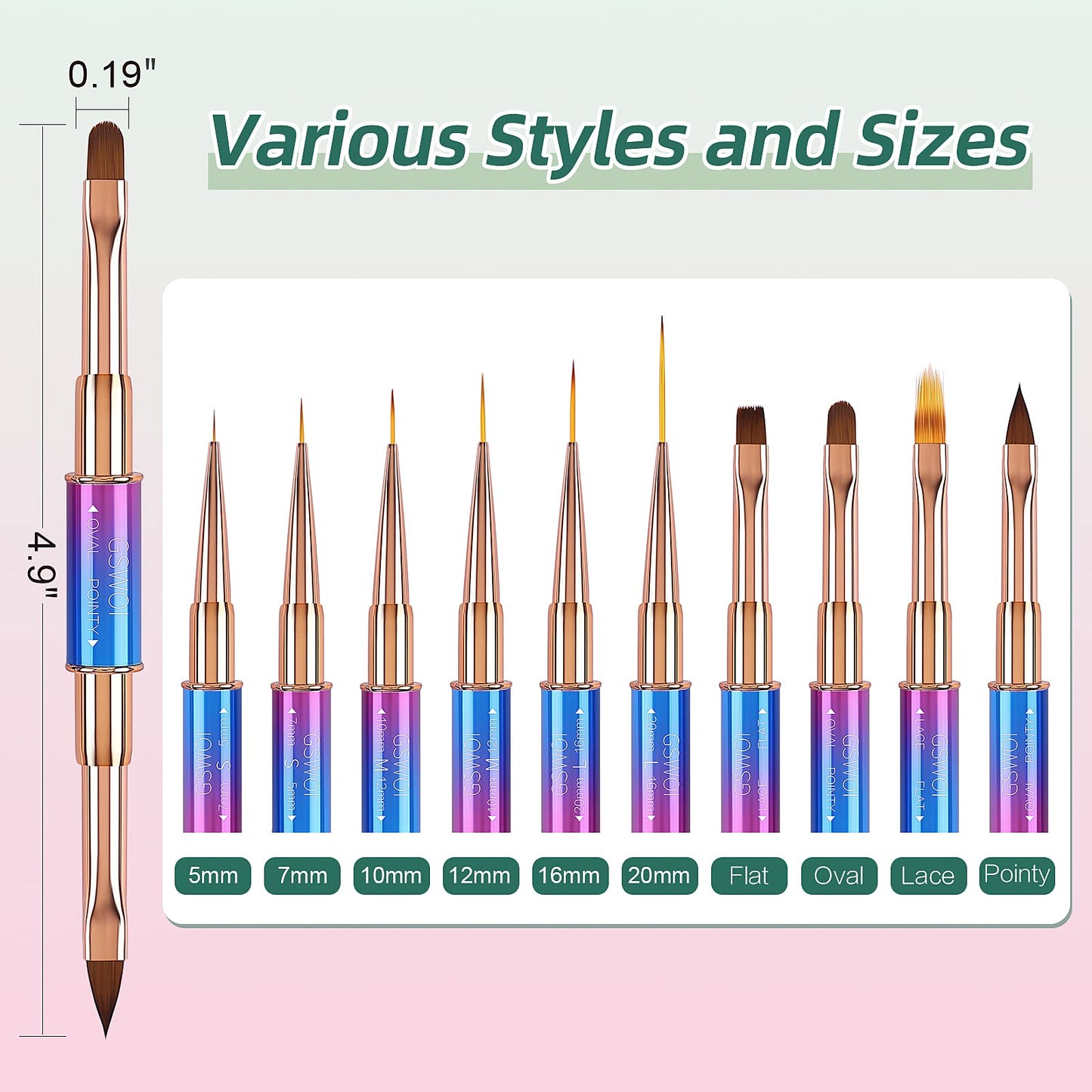 GSWOI Acrylic Nail Art Brushes Set,5PCS Nail Brushes for Nail Art Round Oval Gel Builder Brush Nail Art Tools Nail Liner Brush,Nail Design Brush for Gel Polish Painting Acrylic Nail Drawing Pens