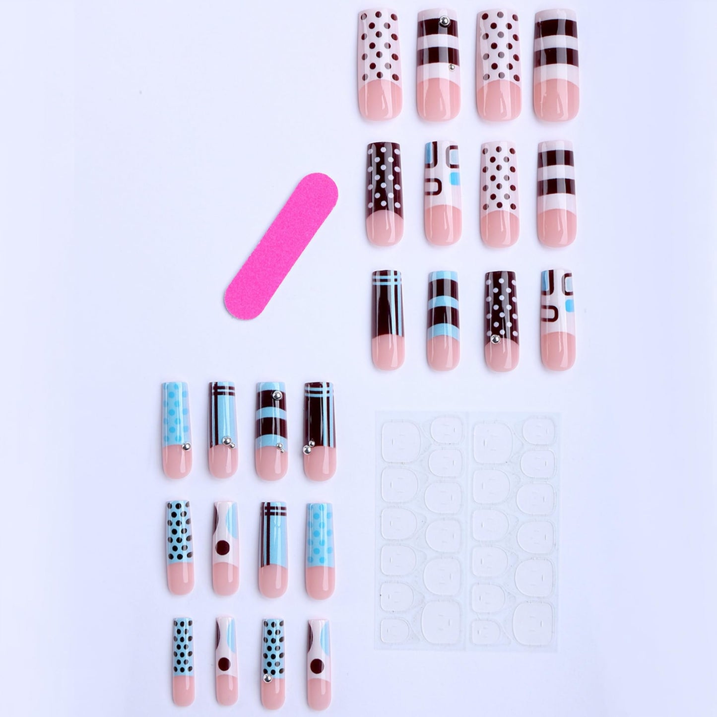 octoswave Long Square Press on Nails with Rhinestone Designs Blue Plaid and Polka Dot Glossy Fake Nails Acrylic Stick on Nails for Women Party Wedding Prom 24 Pcs