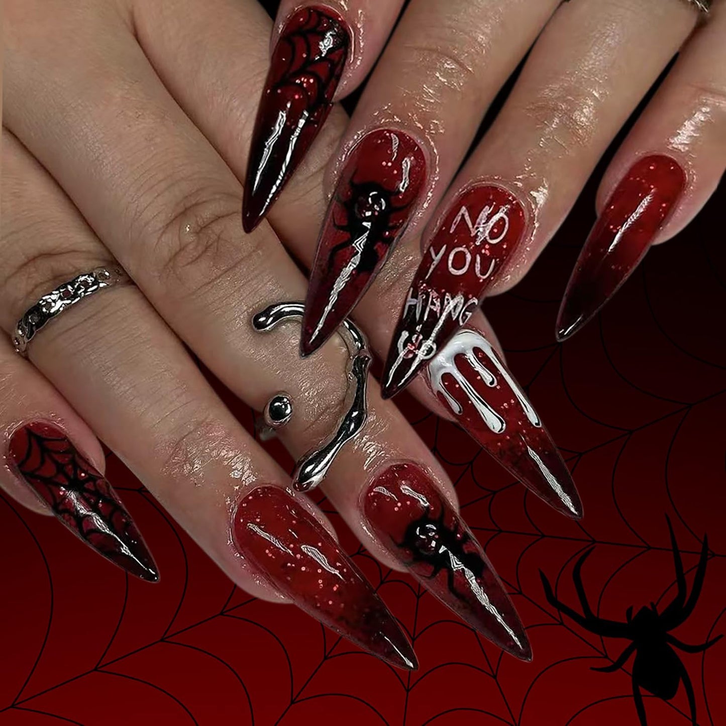 Almond Tip Halloween Press on Nails Long Spider Blood Drop Design Halloween Nail Full Cover Glossy Artificial Acrylic False Nail Wine Red French Tip Long Stick on Nails for Women Festival Decoration
