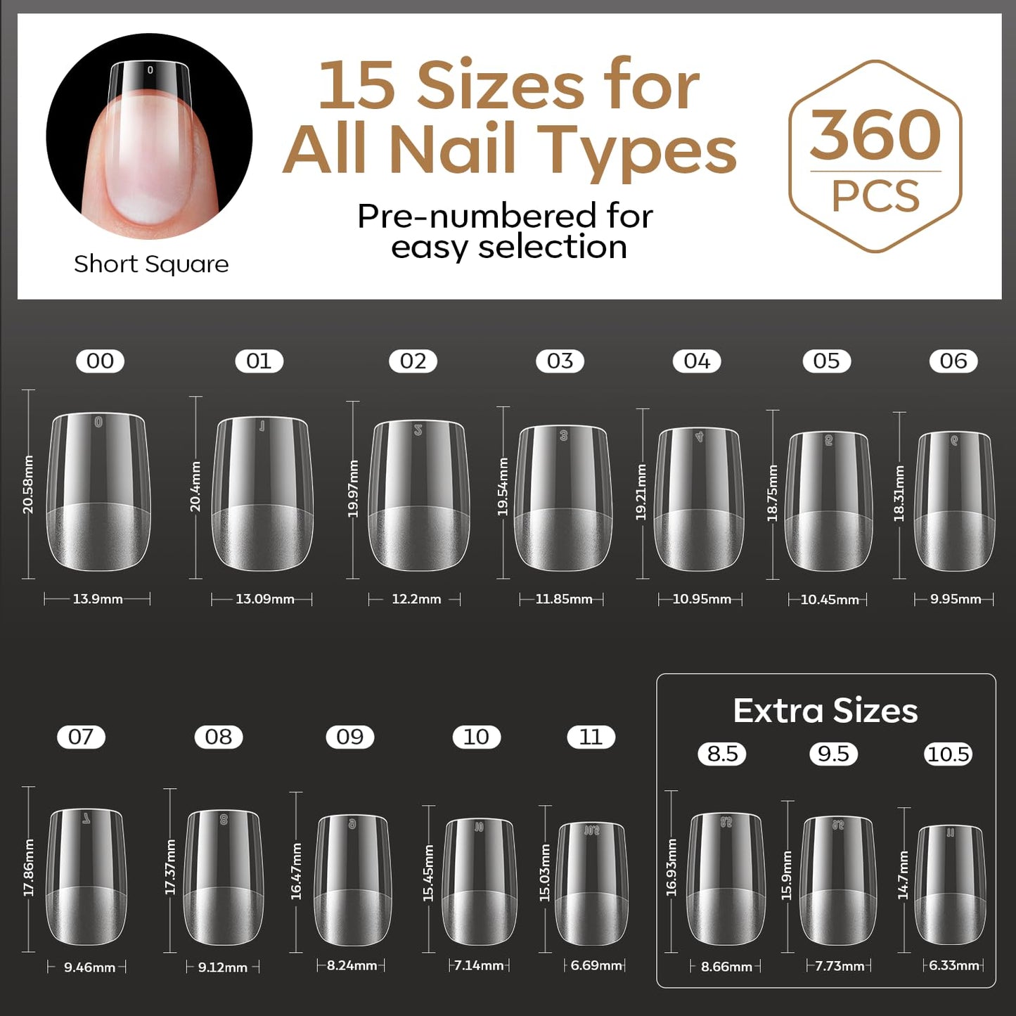 modelones Short Square Nail Tips, 360pcs Pre-etched Clear Fake Nails Press On Full Cover Half Matte 15 Sizes Acrylic Gel Tips for Extension Salon
