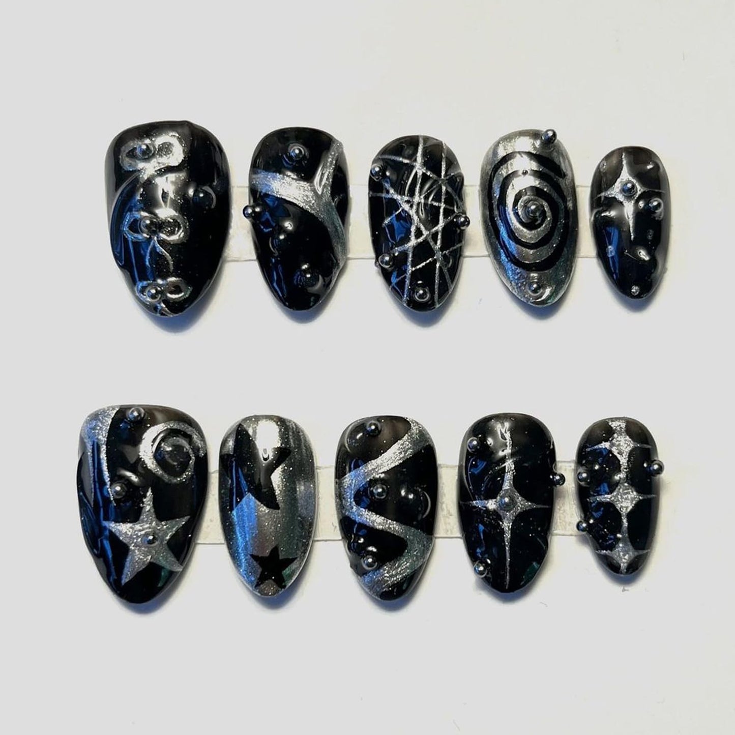 30Pcs Black Press On Nails, Goth Y2K Almond Fake Nails Punk Star Swirl Glue On Nails with 3D Beads Design Silver Stars Irregular French False Nail Gothic Handmade Reusable Cute Stick on Nail for Women