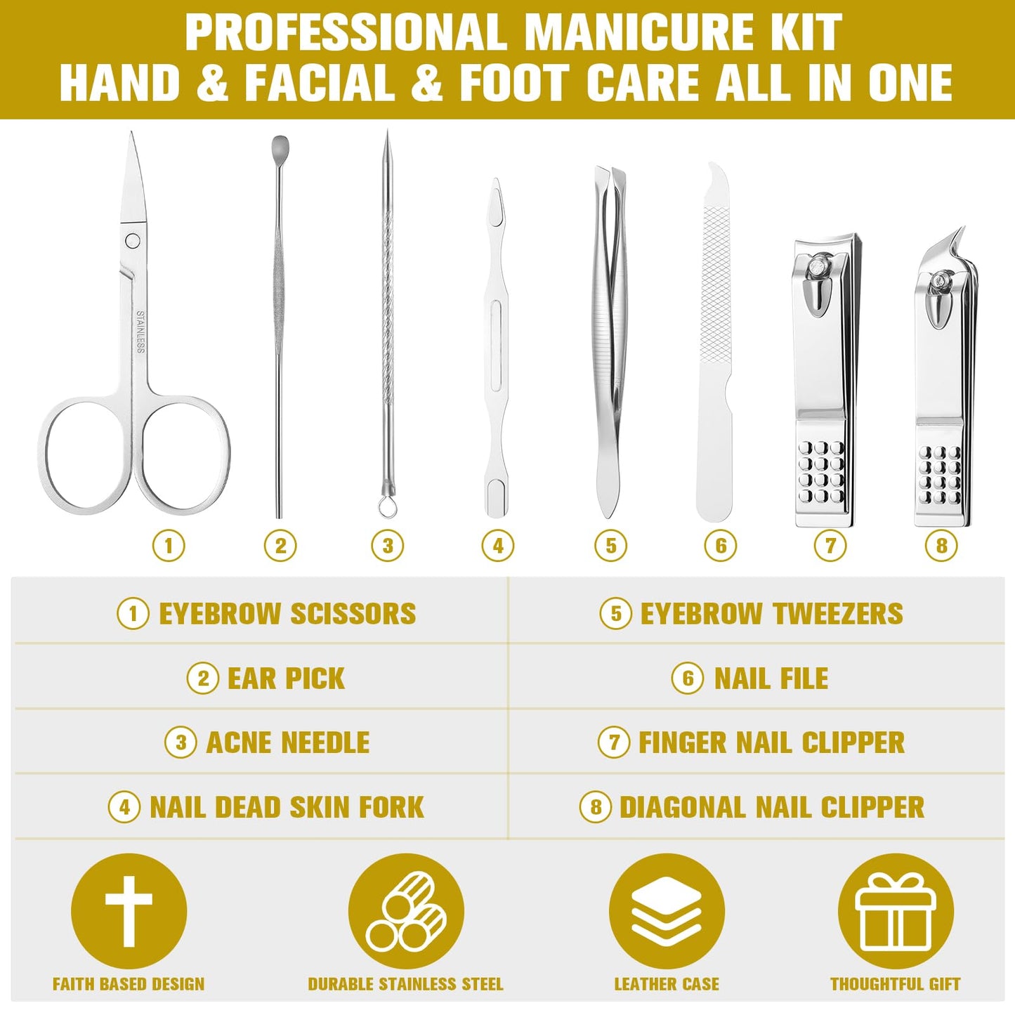 Yinkin 16 Pack Father's Day Christian Bulk Gifts Nail Clipper Set Jesus Loves You Manicure Set 8 in 1 Nail Pedicure Kit for Men Dad Husband Grooming Gifts Kits with Leather Case