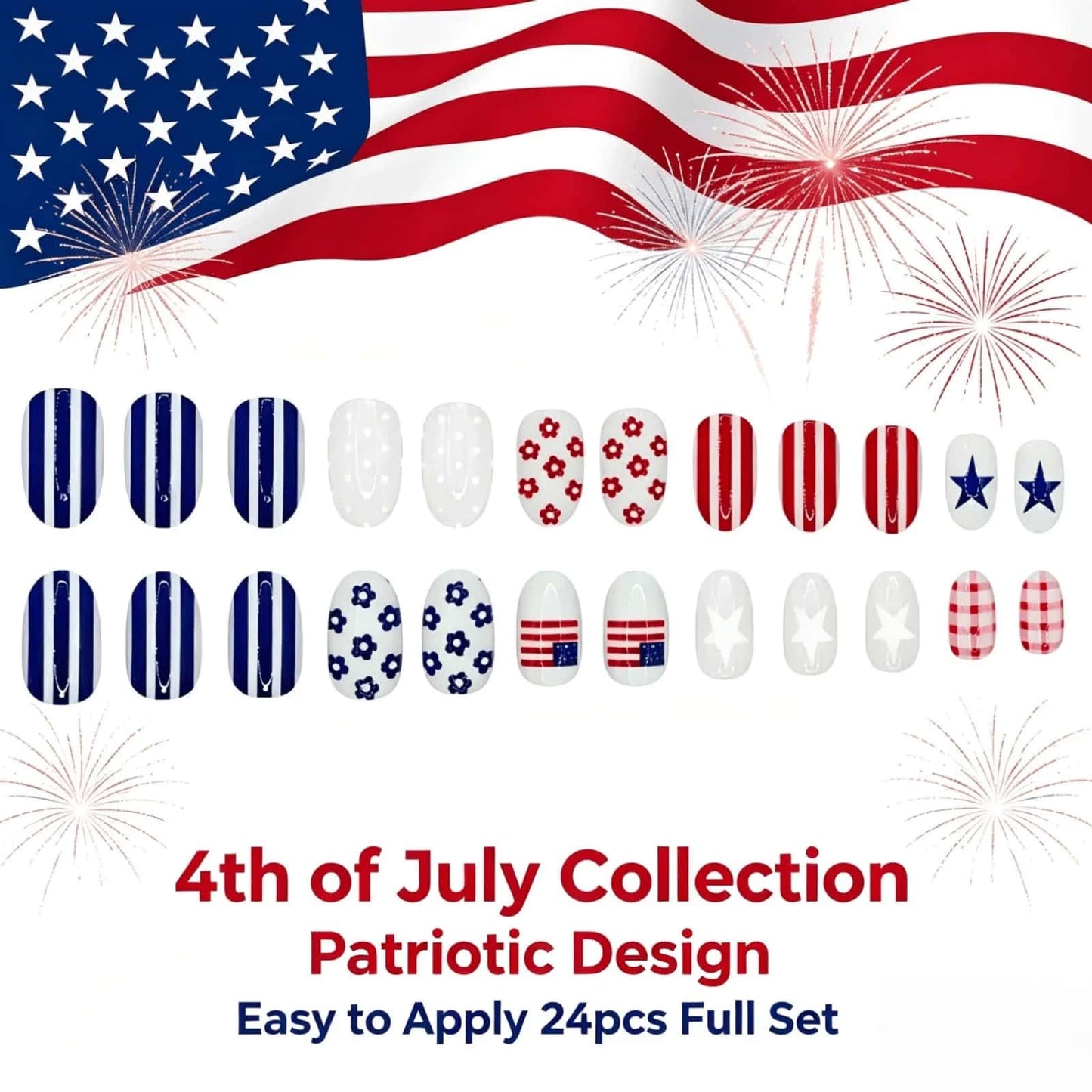 CLYHLTMZ Independence Day Press on Nails Short Almond Fake Nails 4th of July USA Day Glue on Nails Red White Stripes with Flowers Design Glossy Reusable Acrylic Stick on Nails for Women 24 Pcs