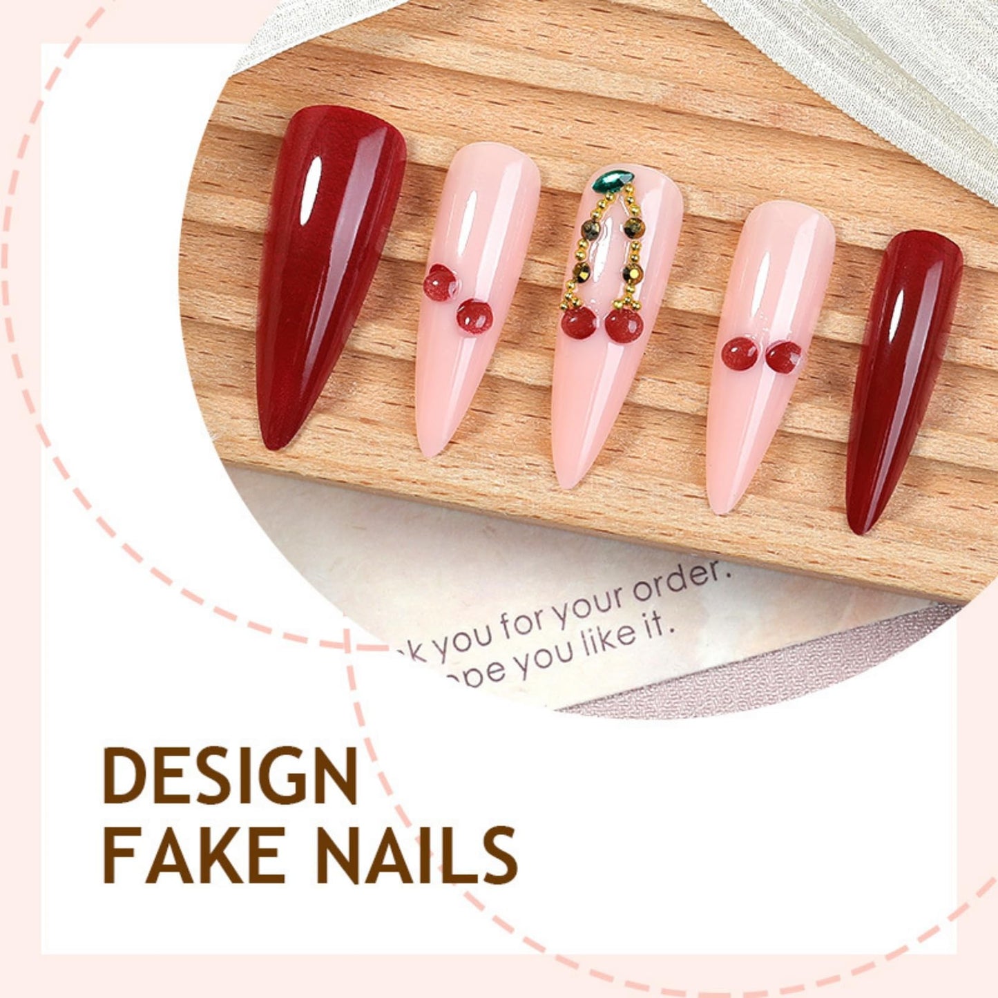 Long Almond Press on Nails for Women,Cherry & Gold Accents,Fake Nails Artificial Stick on Nails