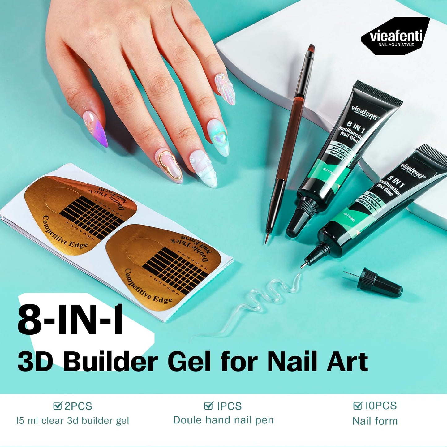 vieafenti 3D Sculpting Builder Gel Nail Art Kit - All In One Formula for Extensions, Sculpture, Designs, Chrome Powder, Rhinestones - Soak Off with UV/LED Lamp for Salon Home DIY