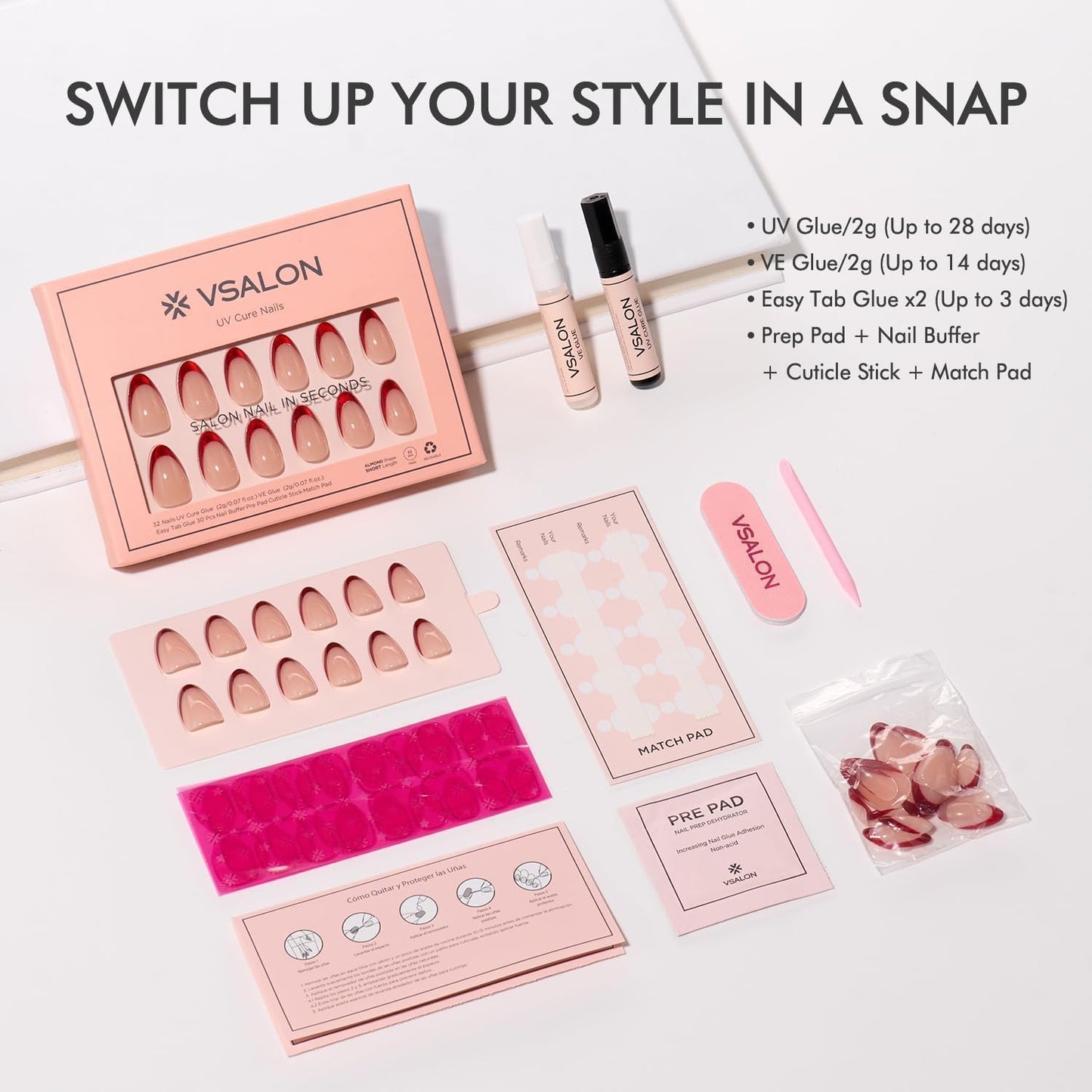 VSALON Almond Short Press On Nails, Red French Tip Chrome Light Curbale Glossy Fake Nails, Reusable Opaque Stick On Nails, Soft Gel Glue On False Nails Kit in 16 Sizes 32 Pcs with Glue