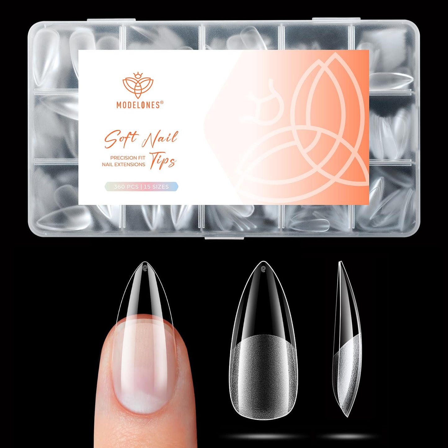 modelones Medium Stiletto Nail Tips, 360pcs Pre-etched Clear Fake Nails Stiletto Press On Full Cover Half Matte 15 Sizes Acrylic Gel Tips for Extension Salon