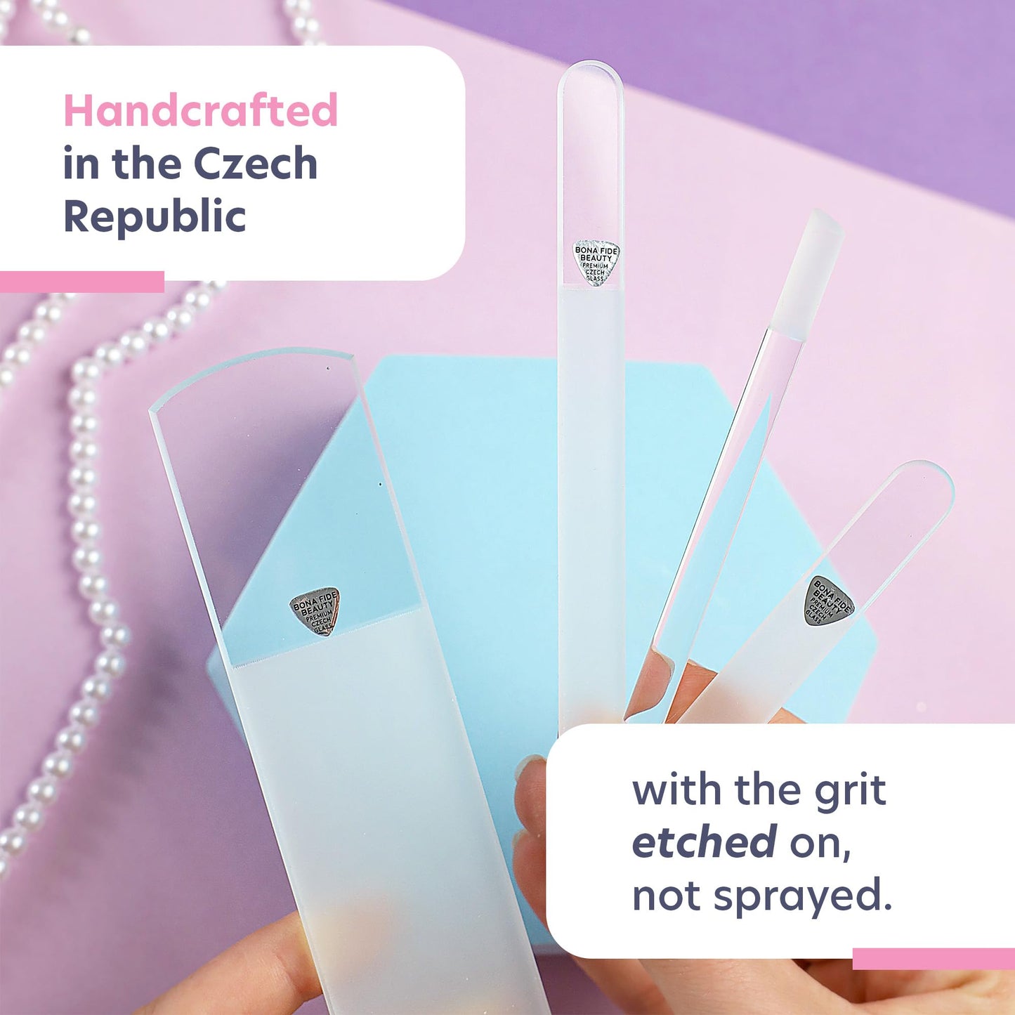 Bona Fide Beauty Nail Kit: Handmade from Czech Glass, Perfect Gift for Teenage Girl, 4PC Gift Set in Clear Color - Foot File, Travel Nail File, Glass File, 1 Cuticle Pusher
