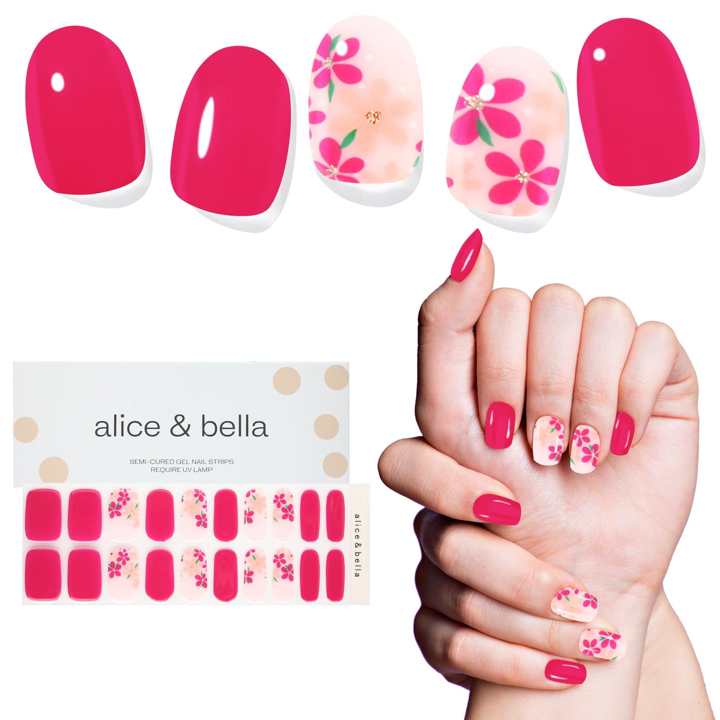 ALICE & BELLA Semi Cured Gel Nail Strips-20 PCS Vibrant Hot Pink Nail Strengthening Gel Stickers, Use with UV Light Lamp, Salon Quality Manicure Wraps (Bright & Happy)