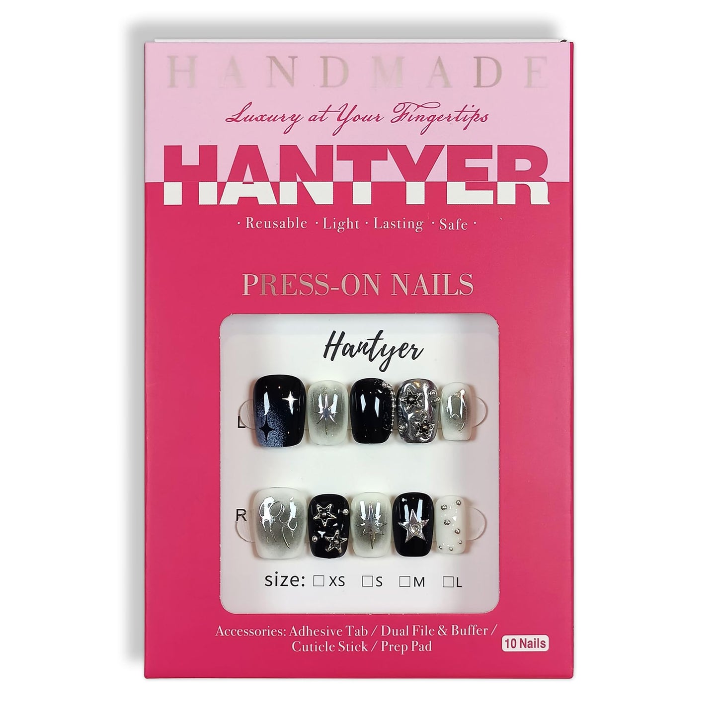 Hantyer Short Square Press On Nails, Handmade Soft Gel Dark Glam Metallic Fake Nails with Silver 3D Stars & Sculptural Accents, Grunge Inspired Reusable False Nails 10PCS Kit (Size S)