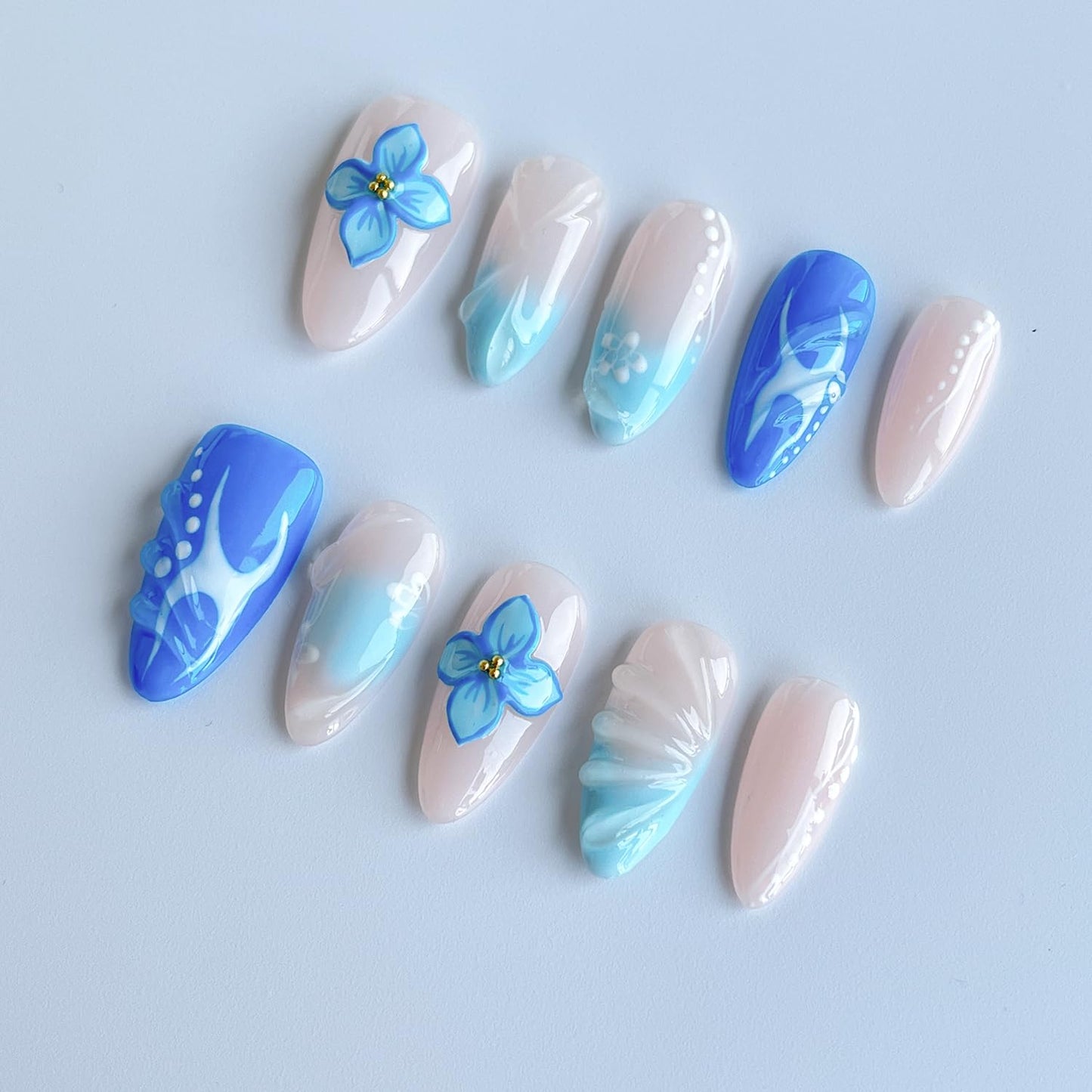 Luxury Press on Nails Medium Almond Handmade 3D Unique Reusable ABS Material Fake Nails Blue False Nails with Designs Blue White Flower Art Petal Glossy Thick Acrylic Nails(S)