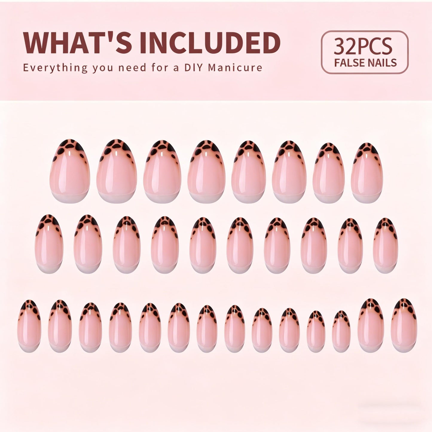 Nude Leopard French Tip Press on Nails, Short Almond Soft Gel Fake Nails, Reusable 32Pcs 16 Sizes with Glue for Women Daily Office Party