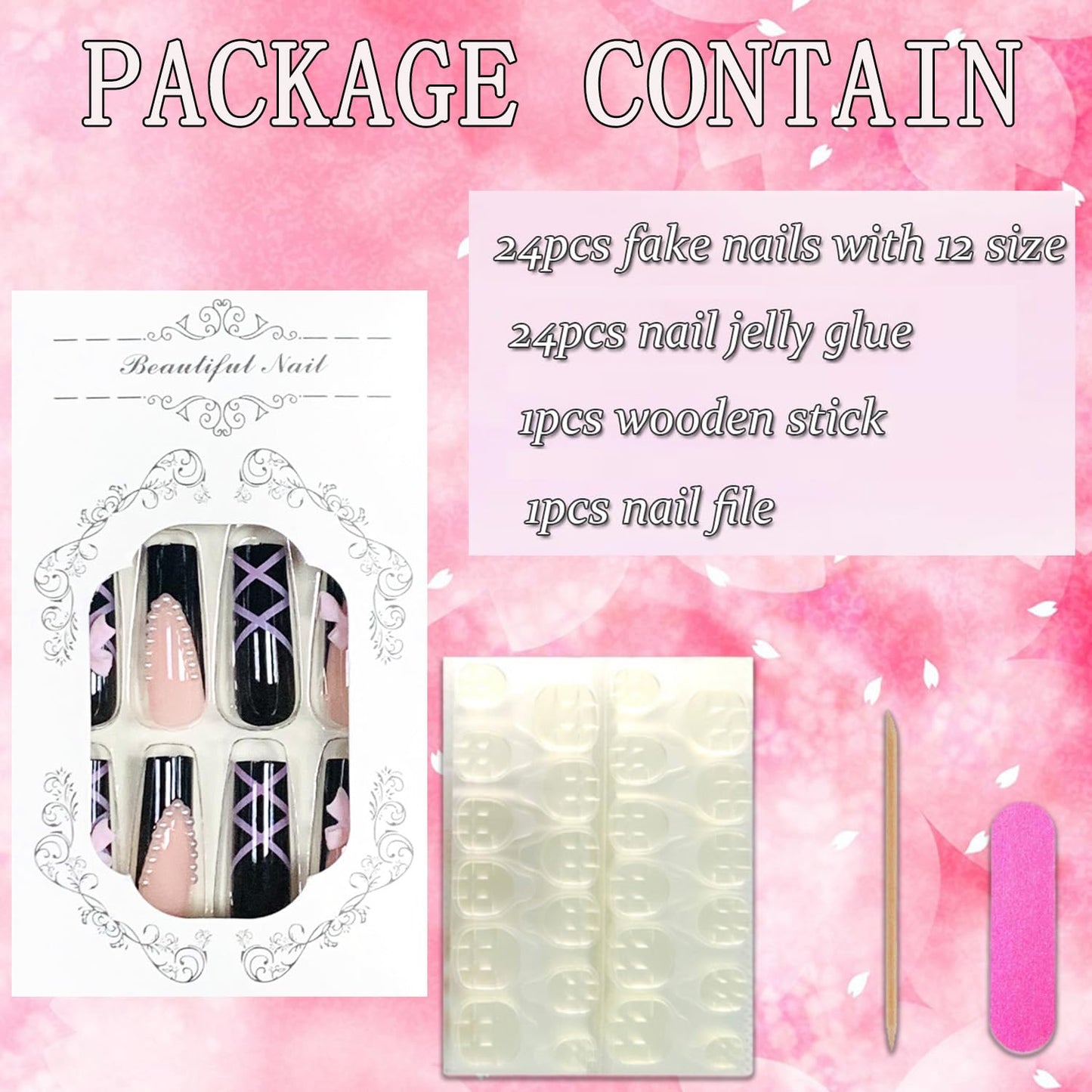 FIEONCIY Press on Nails Coffin Long Black Glossy Full Cover Acrylic Square French False Nails with Pink Bow Designs Artificial Ballerina Fake Nails with Charm Glue Stick on Fingernails for Women