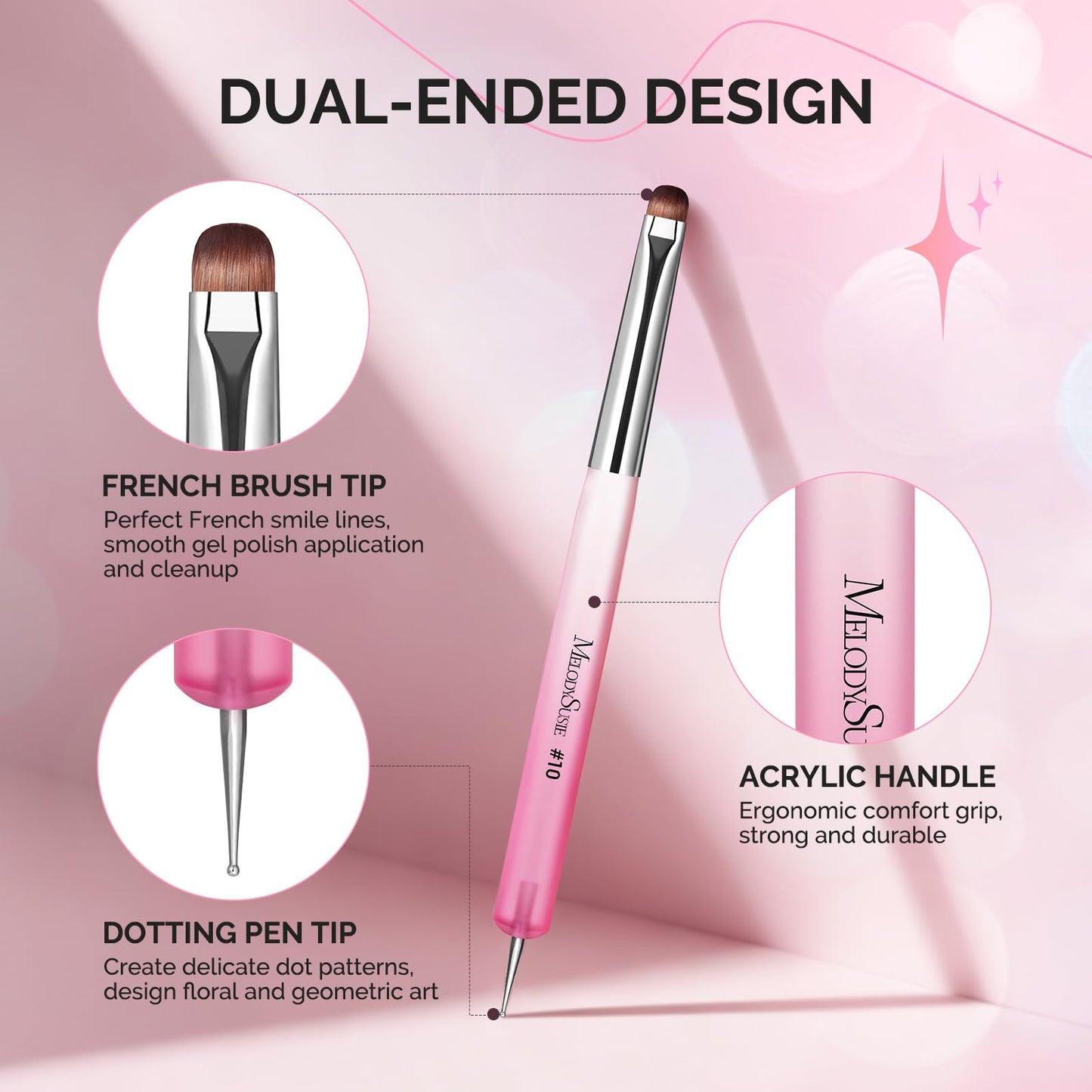 MelodySusie 4Pcs Dual-Ended French Nail Brush and Dotting Pen Set, Size #10#12#14#16 with Brush Holder, for French Tips Nail Clean Up and Nail Dotting
