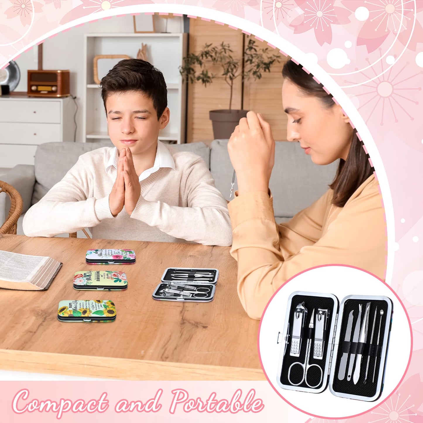 Chumia 20 Sets Mother's Day Christian Nail Set Bulk Bible Scripture Manicure Kit Stainless Steel Nail Clipper Set Happy Mother's Day Floral Religious Christian Gift for Mom Women Church Supplies