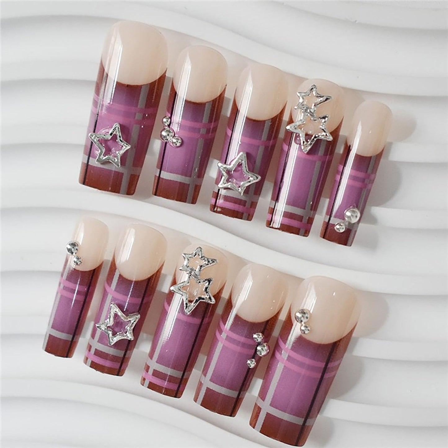 FIEONCIY Press on Nails Coffin Long Length Acrylic Glossy Full Cover Square Shaped French False Nails with Designs Artificial Extra Long Fake Nails with Charms Glue ons Fingernails for Women(FF04)