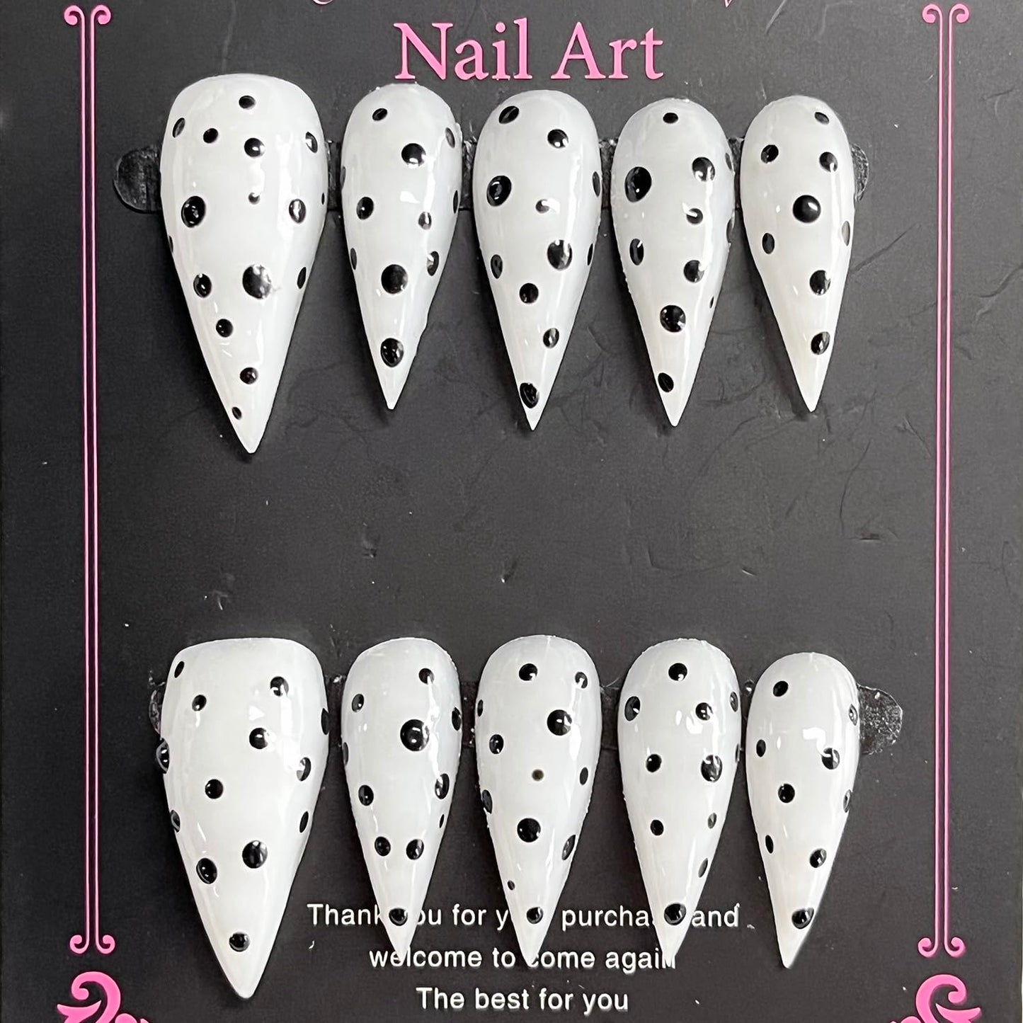 Handmade Press on Nails Medium Stiletto Fake Nails Unique Eagle Claw Thick Acrylic Nails Black&White False Nails with Polka Dots Cat Claw Designs Glossy Glue on Nail Sturdy Nail Art 10Pcs(S)