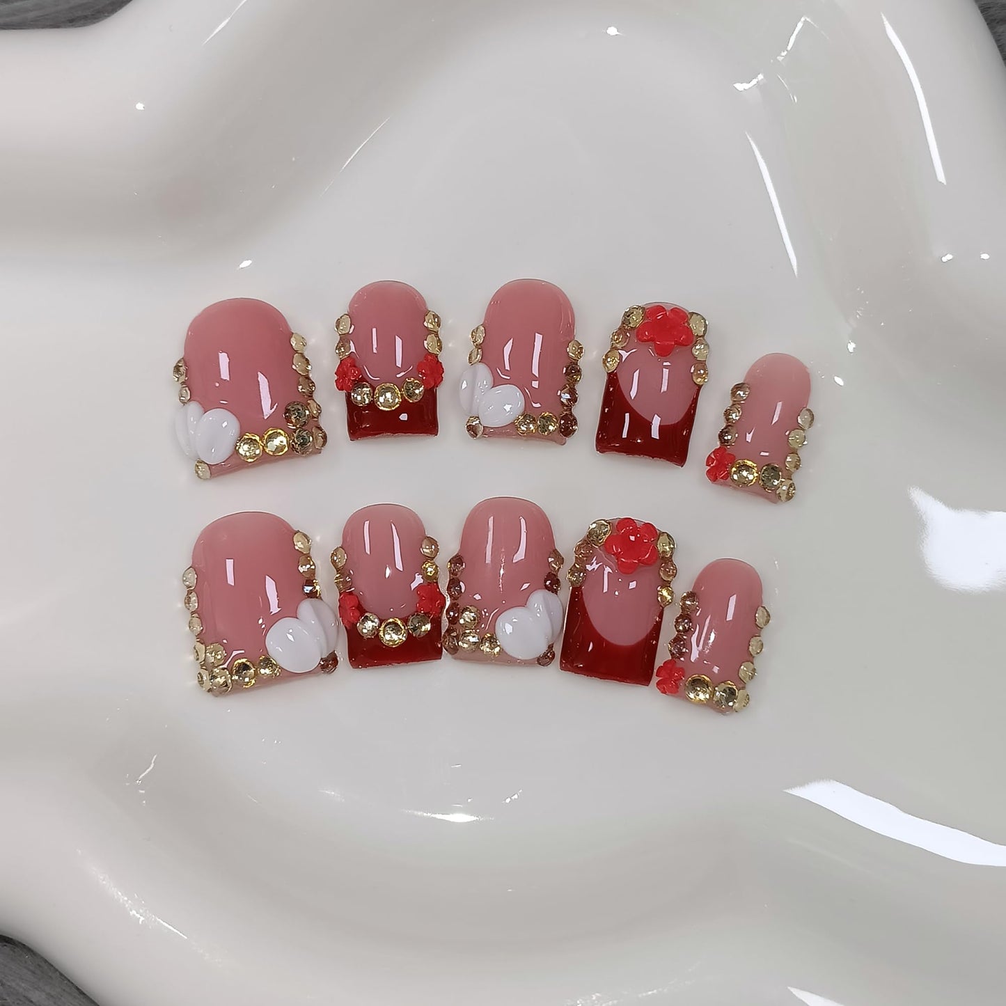 TENPAL Short Squoval Press on Nails - Red French Tip with Rhinestone Edge & Floral | Nude Pink Glossy Fake Nails | Clean Girl Manicure Set(S)