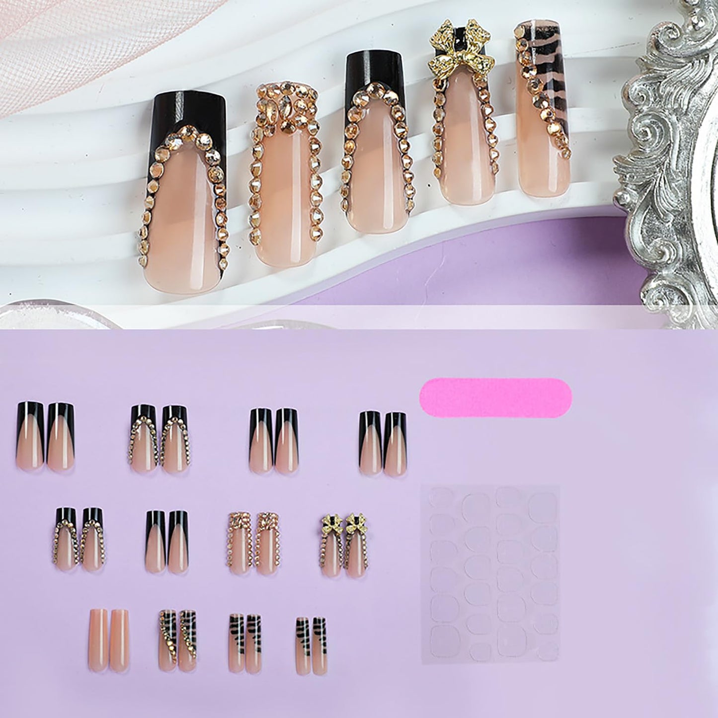 FIEONCIY Press on Nails Long Coffin Shaped Acrylic Glossy Full Cover Long Square French False Nails with Designs Artificial Extra Long Fake Nails with Charms Glue ons Fingernails for Women(XL10277)